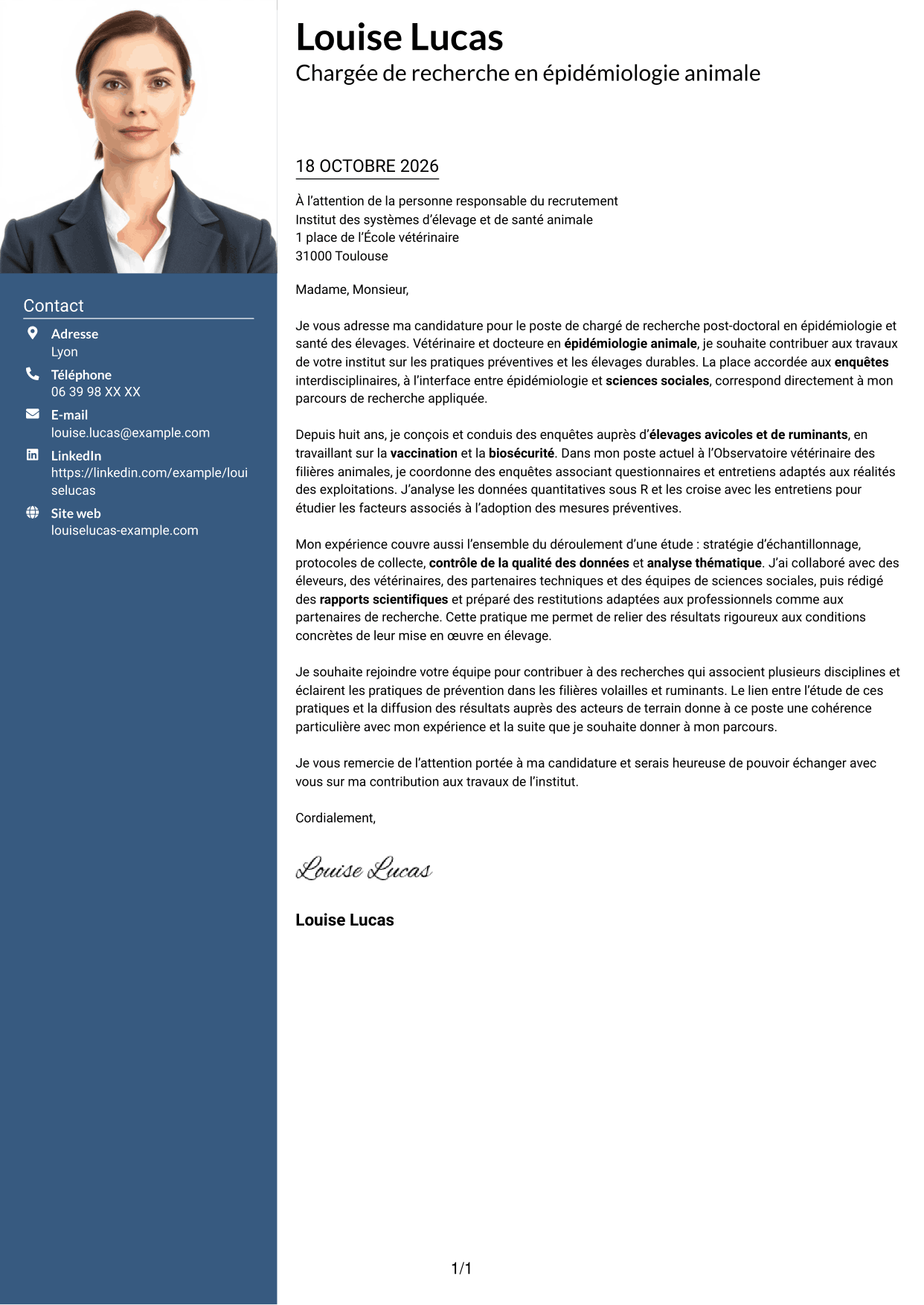 Lettre de motivation Signature (format à colonne latérale colorée avec grande photo) : Chargé de recherche post-doctoral - Épidémiologie et santé des élevages, page 1