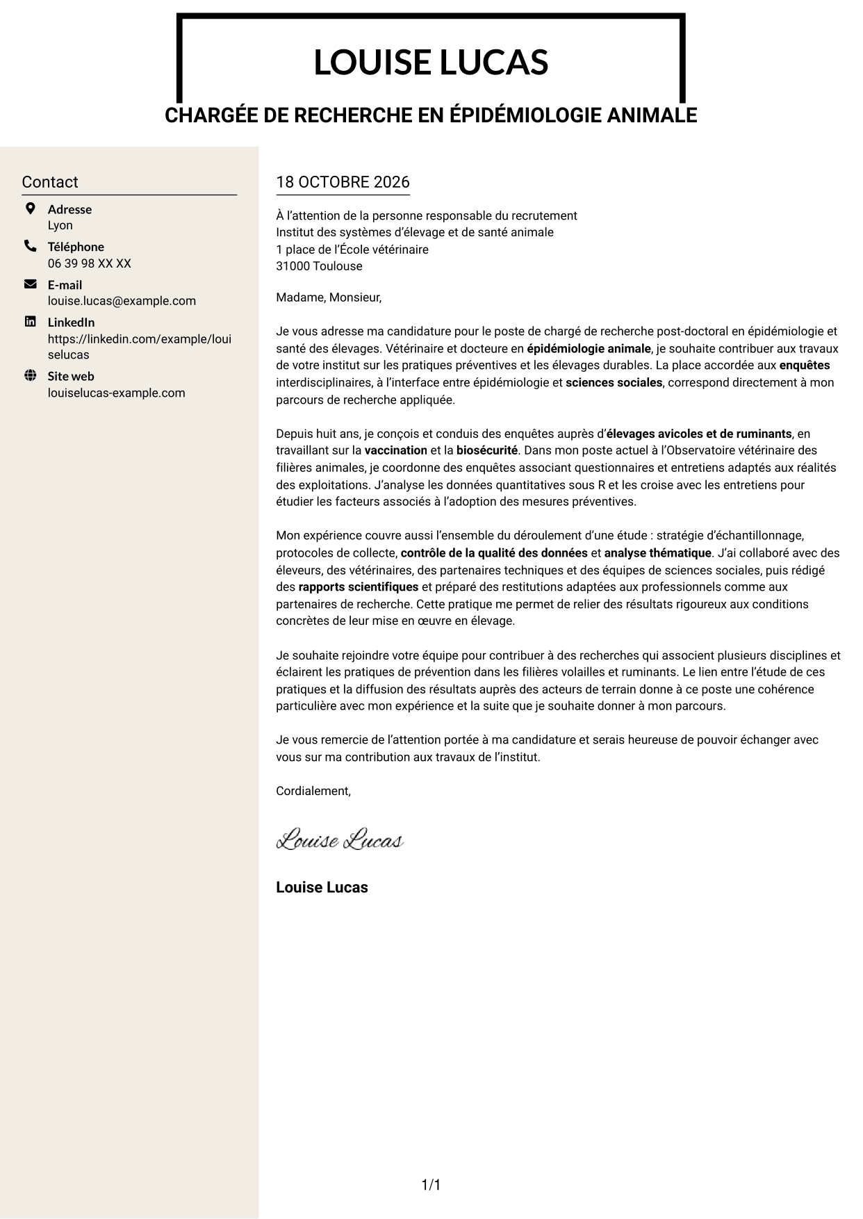 Lettre de motivation Fonceur (format à deux colonnes avec en-tête centré sans photo) : Chargé de recherche post-doctoral - Épidémiologie et santé des élevages, page 1