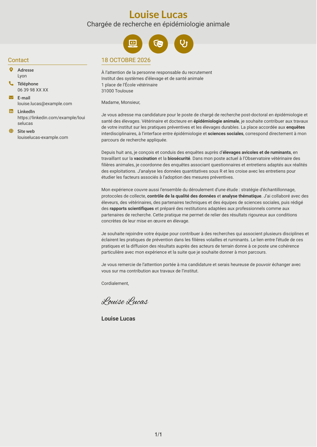 Lettre de motivation Dynamique (format à deux colonnes avec icônes) : Chargé de recherche post-doctoral - Épidémiologie et santé des élevages, page 1