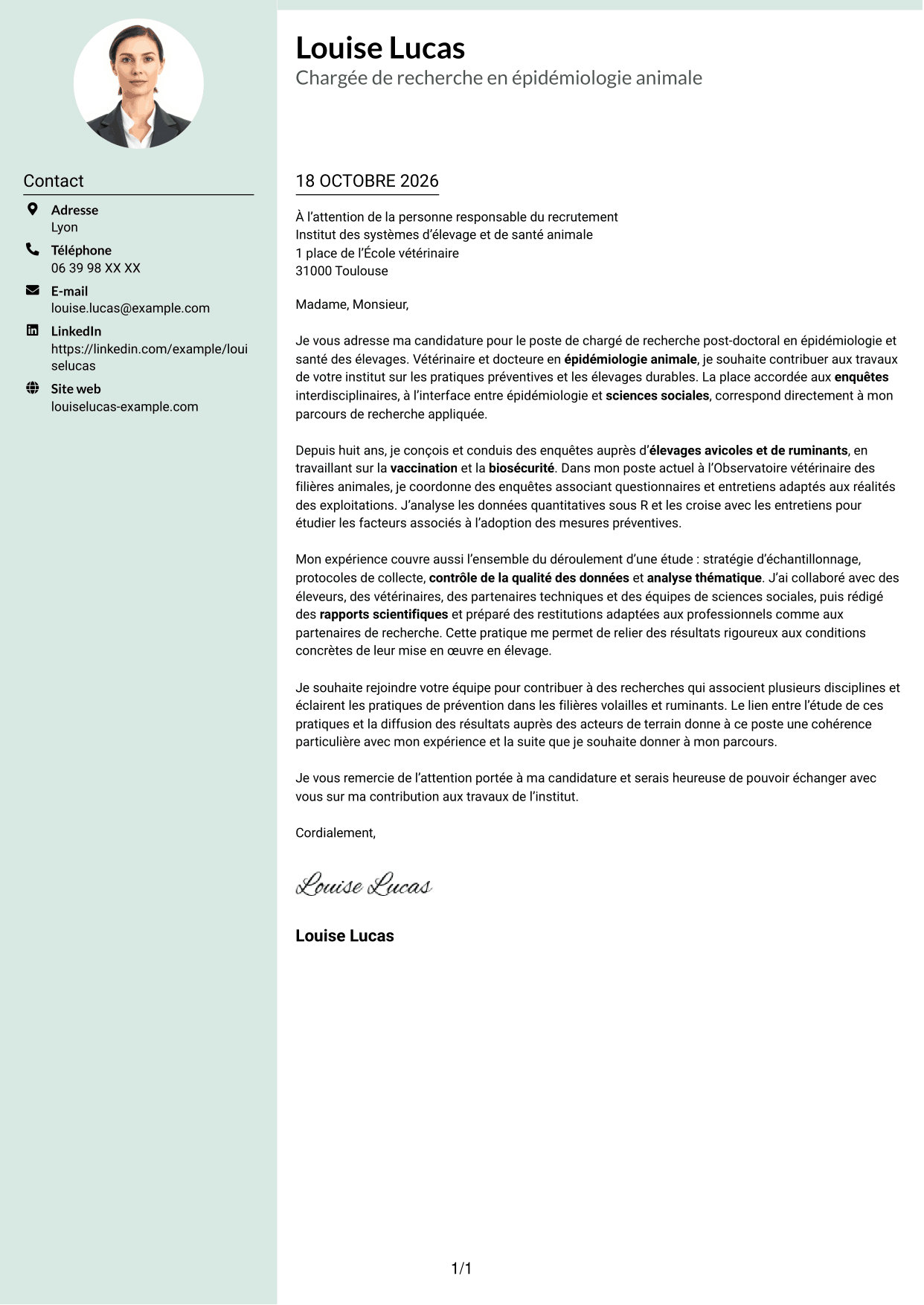Lettre de motivation Cadre (format à colonne latérale douce avec photo arrondie) : Chargé de recherche post-doctoral - Épidémiologie et santé des élevages, page 1