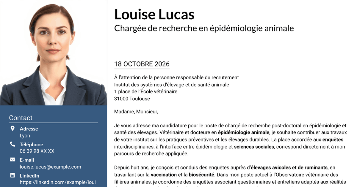 7 modèles de lettre de motivation pour Chargé de recherche post-doctoral - Épidémiologie et santé des élevages, avec exemples