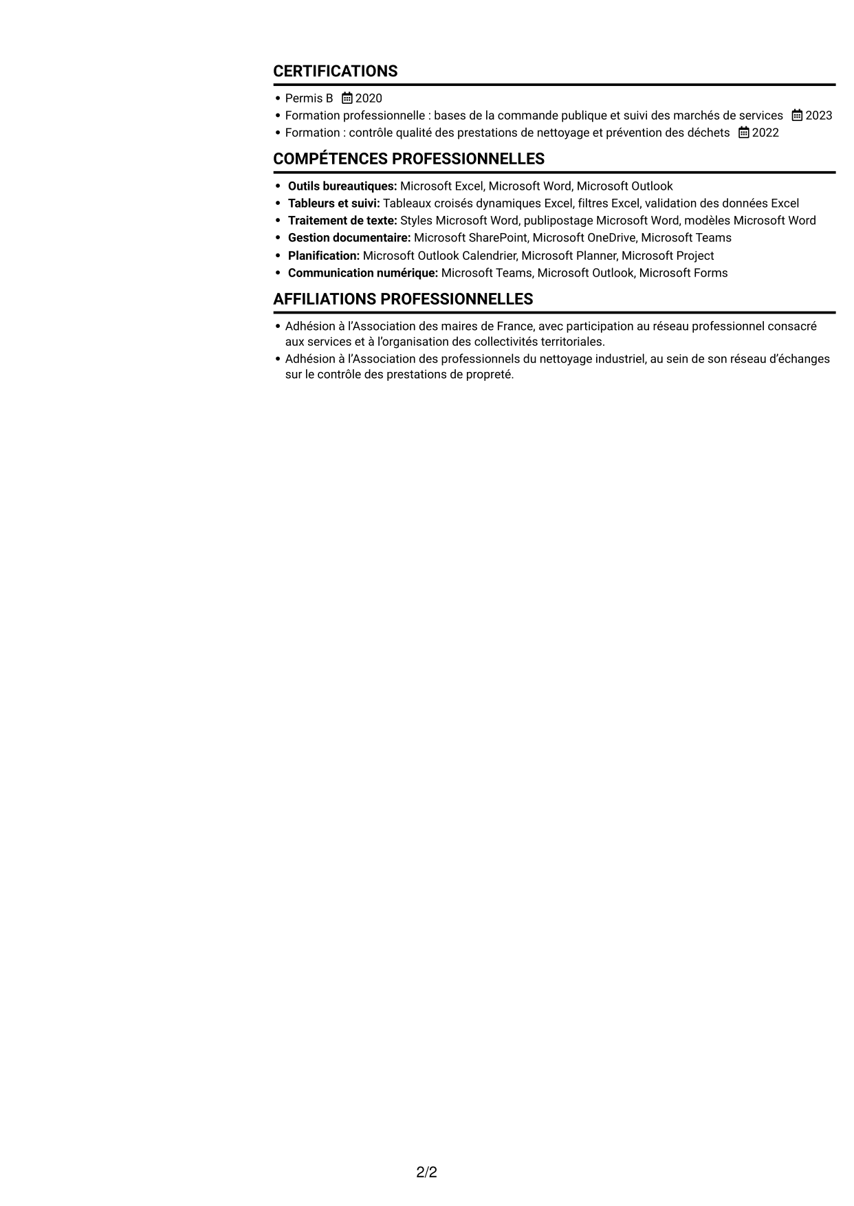 CV Compact (format sobre à deux colonnes avec photo) : Chargé des prestations de nettoyage et de gestion des déchets, page 2