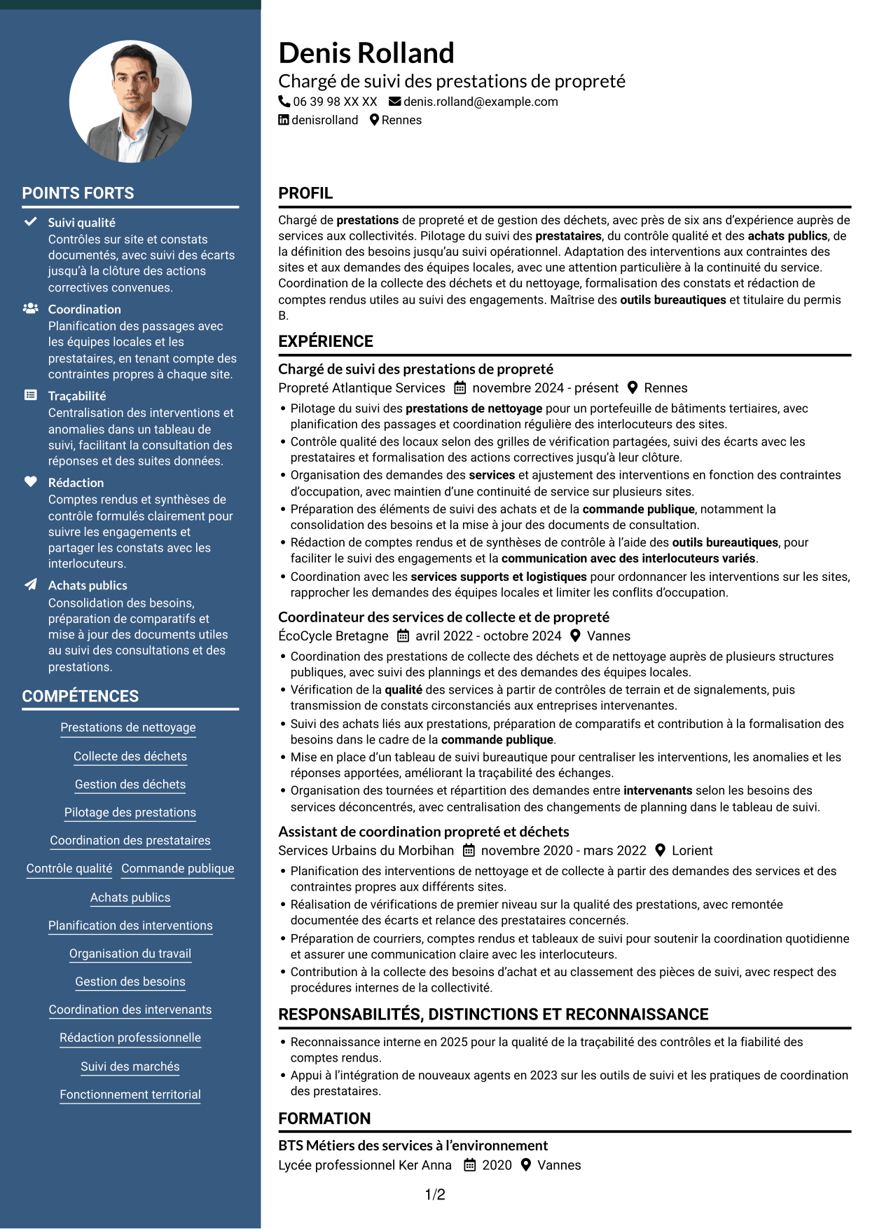 CV Élégant (format à colonne latérale colorée avec photo) : Chargé des prestations de nettoyage et de gestion des déchets, page 1