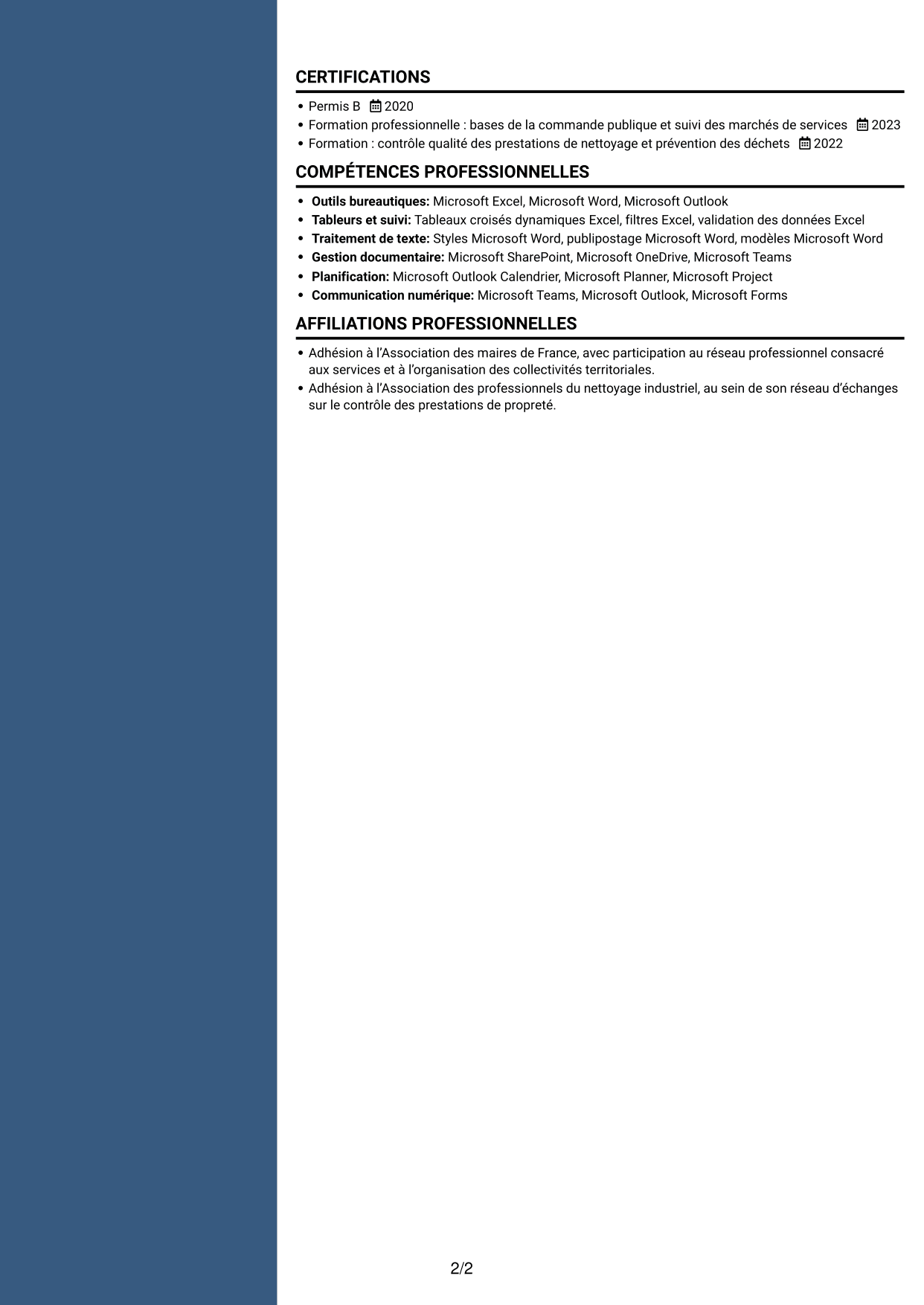 CV Élégant (format à colonne latérale colorée avec photo) : Chargé des prestations de nettoyage et de gestion des déchets, page 2