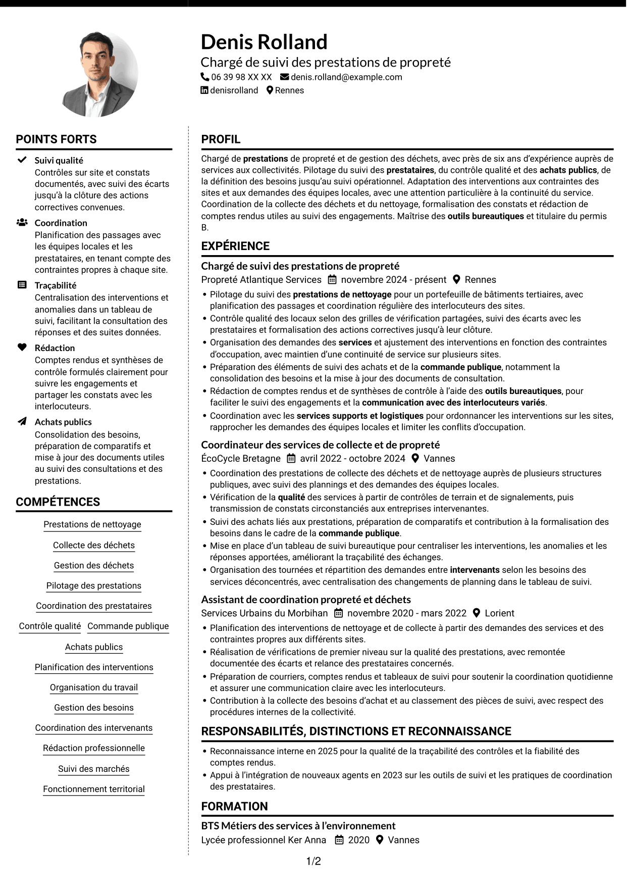 CV Moderne (format à deux colonnes avec photo à gauche et séparateur) : Chargé des prestations de nettoyage et de gestion des déchets, page 1
