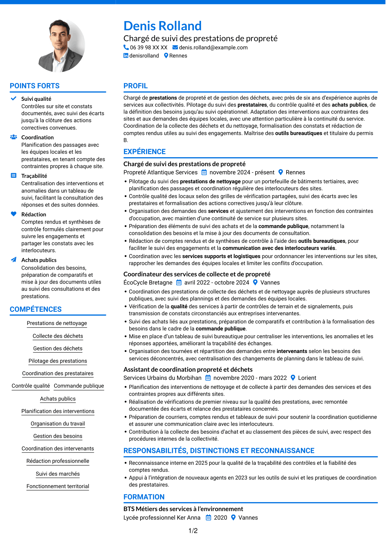 CV Audacieux (format à deux colonnes avec accents colorés et photo) : Chargé des prestations de nettoyage et de gestion des déchets, page 1