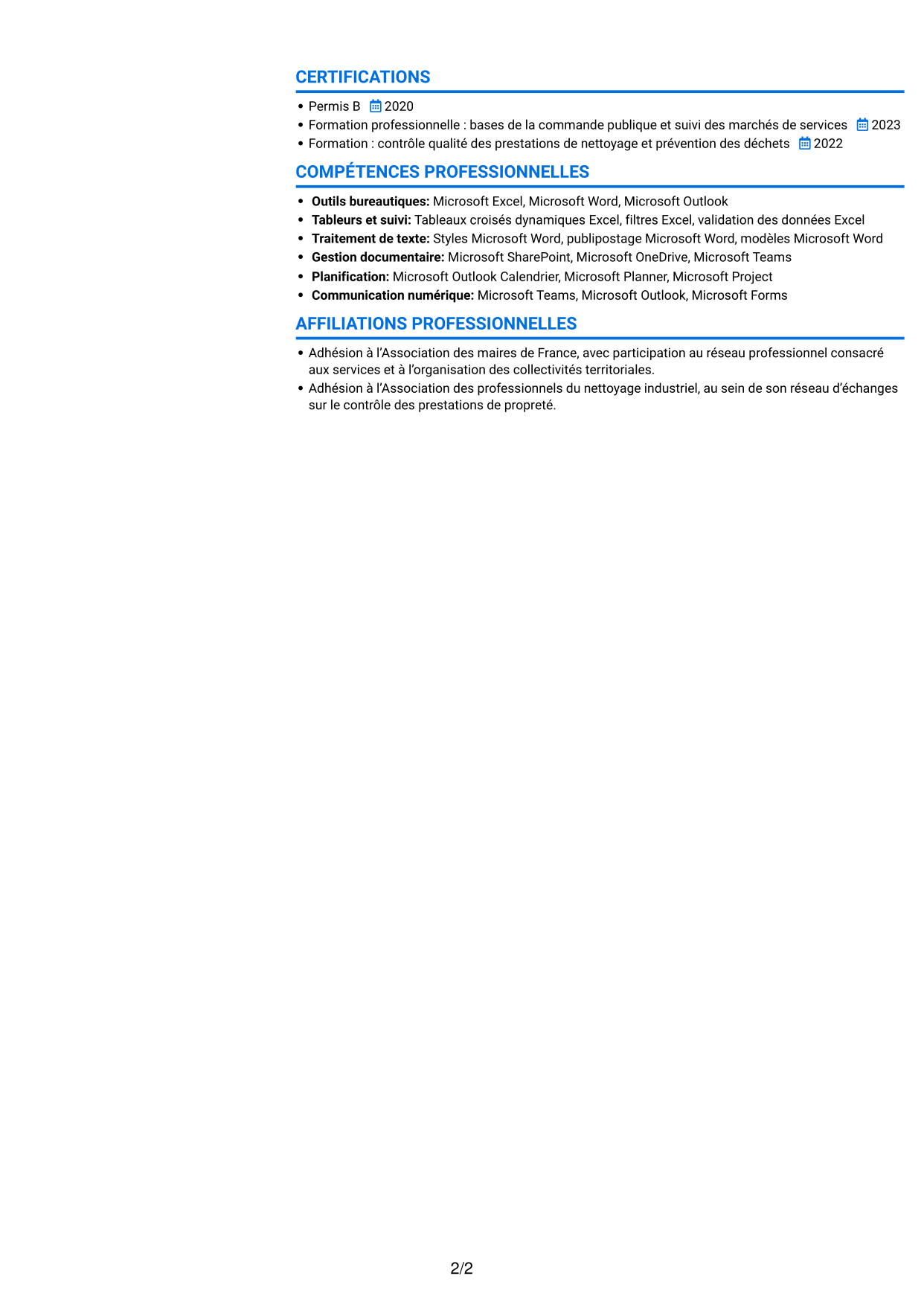 CV Audacieux (format à deux colonnes avec accents colorés et photo) : Chargé des prestations de nettoyage et de gestion des déchets, page 2