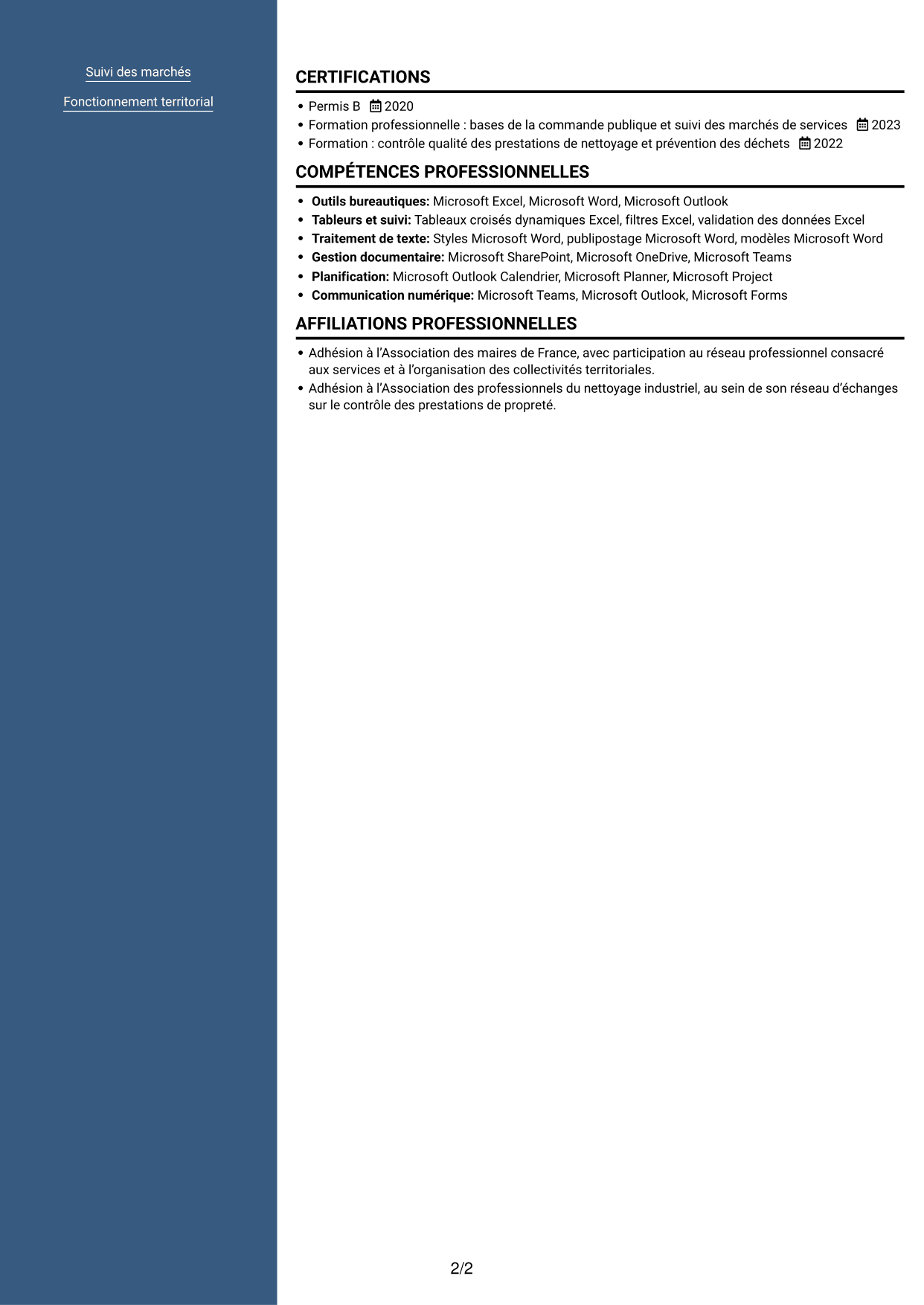 CV Signature (format à colonne latérale colorée avec grande photo) : Chargé des prestations de nettoyage et de gestion des déchets, page 2