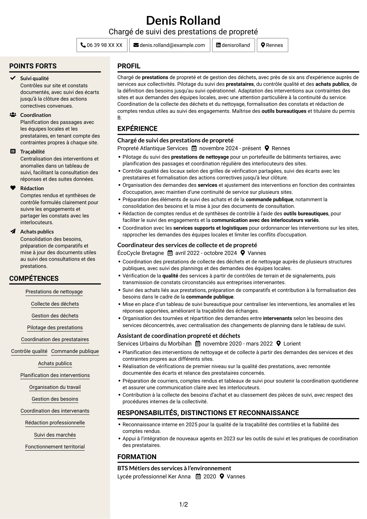 CV Fonceur (format à deux colonnes avec en-tête centré sans photo) : Chargé des prestations de nettoyage et de gestion des déchets, page 1