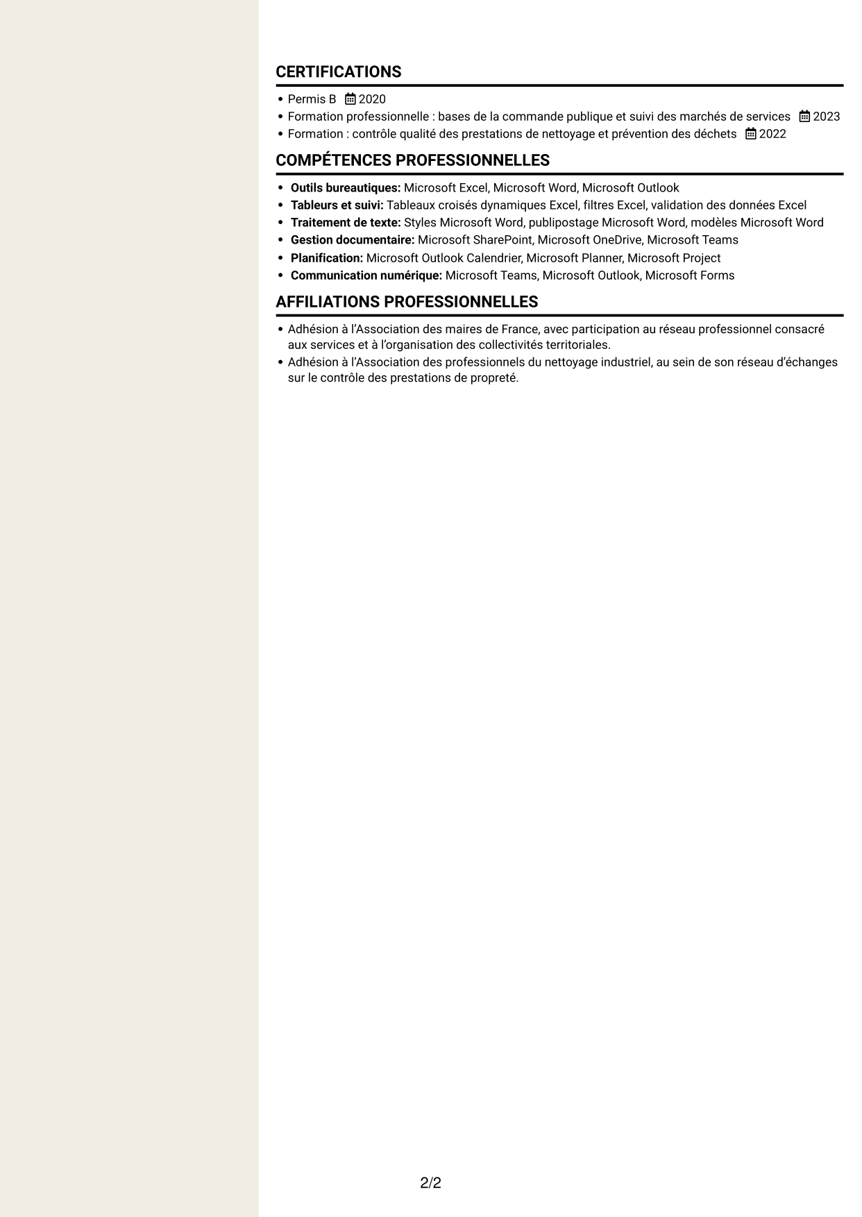 CV Fonceur (format à deux colonnes avec en-tête centré sans photo) : Chargé des prestations de nettoyage et de gestion des déchets, page 2