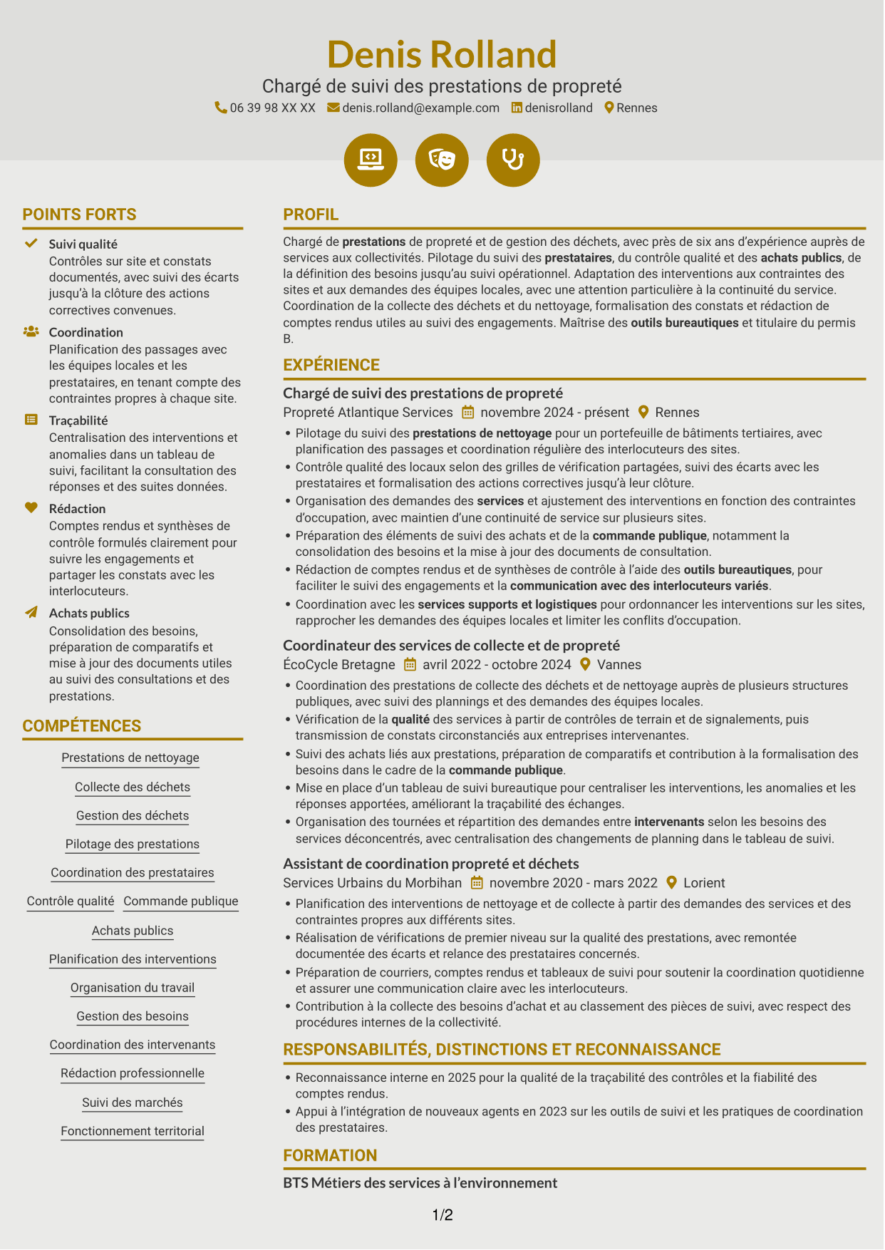 CV Dynamique (format à deux colonnes avec icônes) : Chargé des prestations de nettoyage et de gestion des déchets, page 1
