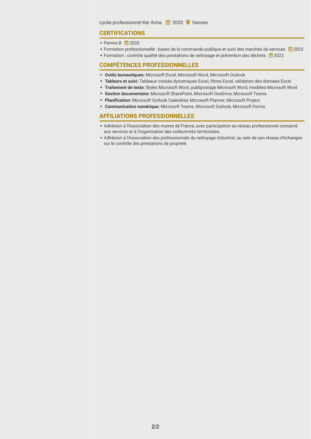 CV Dynamique (format à deux colonnes avec icônes) : Chargé des prestations de nettoyage et de gestion des déchets, page 2