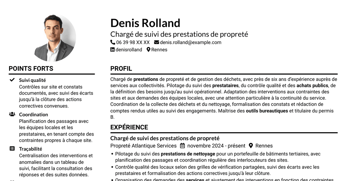 7 modèles de CV pour Chargé des prestations de nettoyage et de gestion des déchets, avec exemples