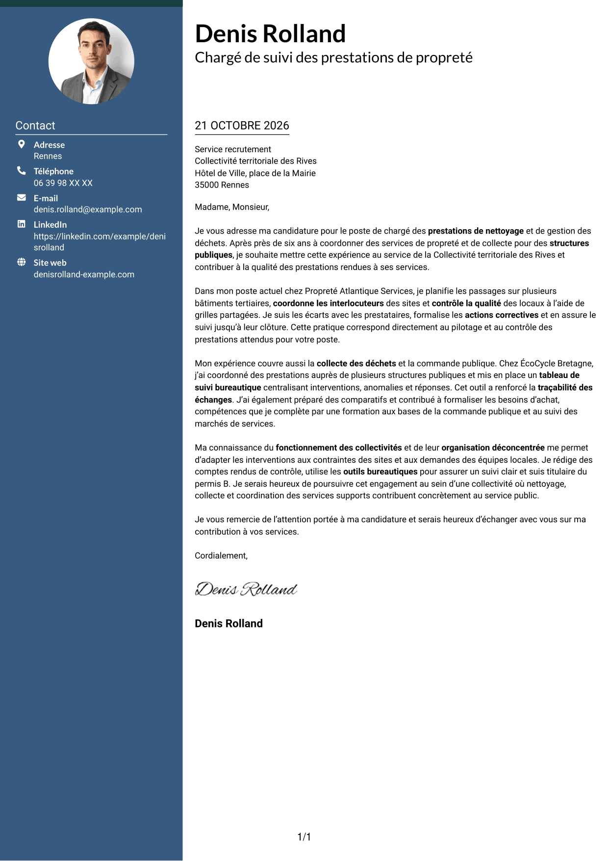 Lettre de motivation Élégant (format à colonne latérale colorée avec photo) : Chargé des prestations de nettoyage et de gestion des déchets, page 1