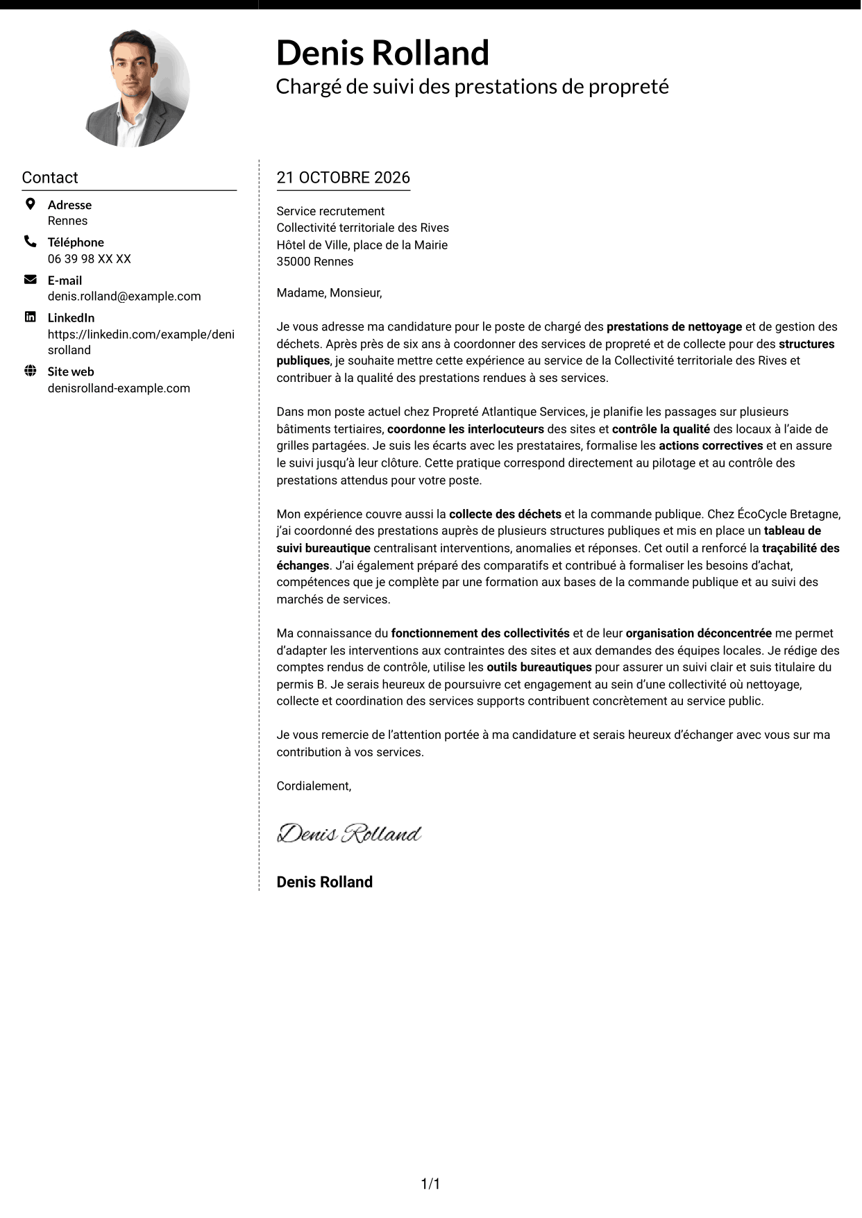 Lettre de motivation Moderne (format à deux colonnes avec photo à gauche et séparateur) : Chargé des prestations de nettoyage et de gestion des déchets, page 1
