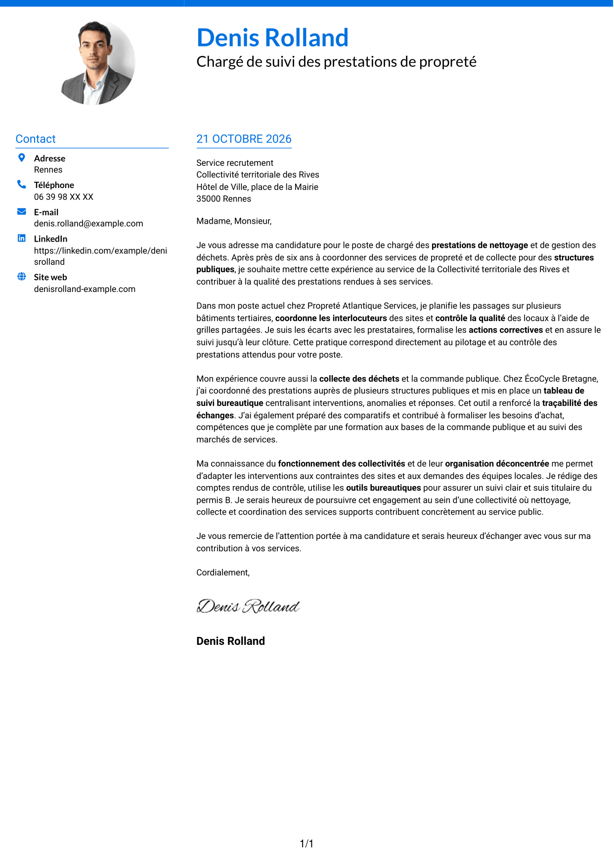 Lettre de motivation Audacieux (format à deux colonnes avec accents colorés et photo) : Chargé des prestations de nettoyage et de gestion des déchets, page 1