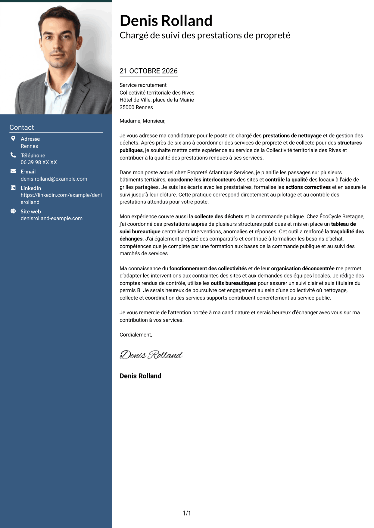 Lettre de motivation Signature (format à colonne latérale colorée avec grande photo) : Chargé des prestations de nettoyage et de gestion des déchets, page 1