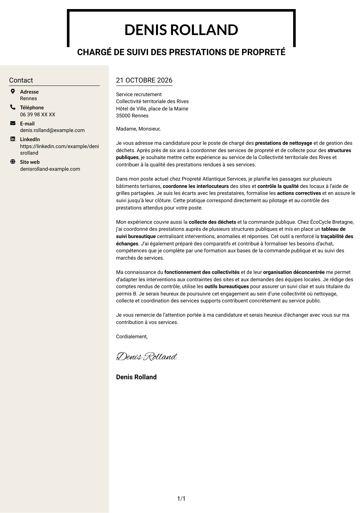 Lettre de motivation Fonceur (format à deux colonnes avec en-tête centré sans photo) : Chargé des prestations de nettoyage et de gestion des déchets, page 1