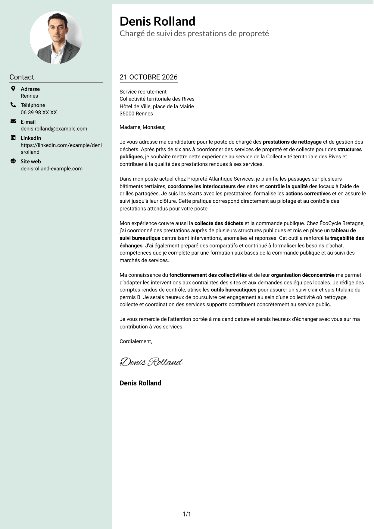 Lettre de motivation Cadre (format à colonne latérale douce avec photo arrondie) : Chargé des prestations de nettoyage et de gestion des déchets, page 1