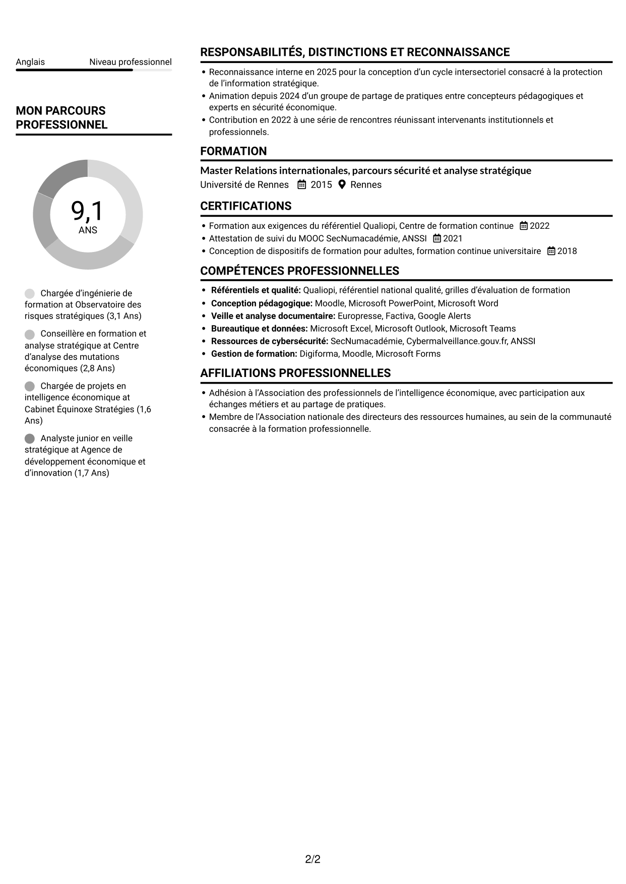 CV Compact (format sobre à deux colonnes avec photo) : Chargée d’ingénierie de formation - Sécurité économique, page 2