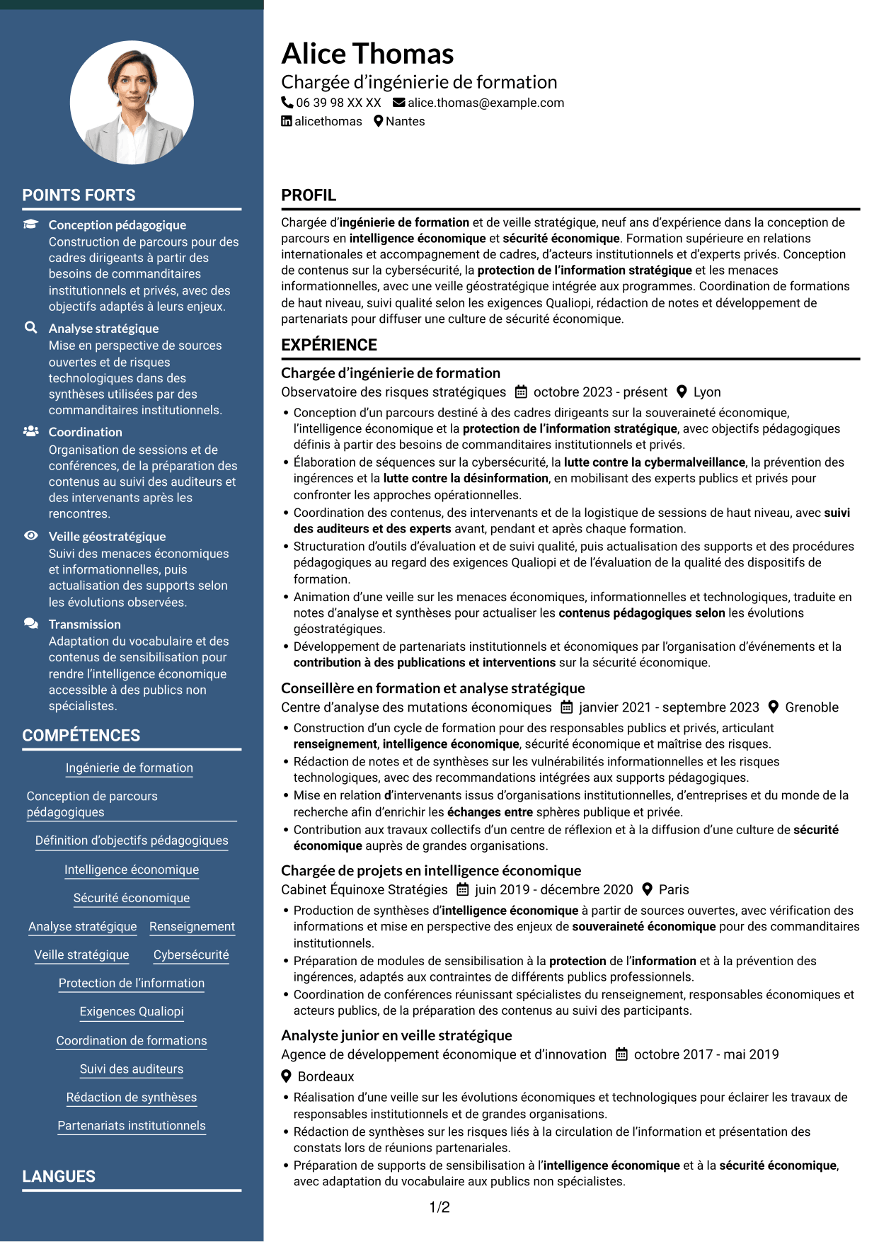 CV Élégant (format à colonne latérale colorée avec photo) : Chargée d’ingénierie de formation - Sécurité économique, page 1