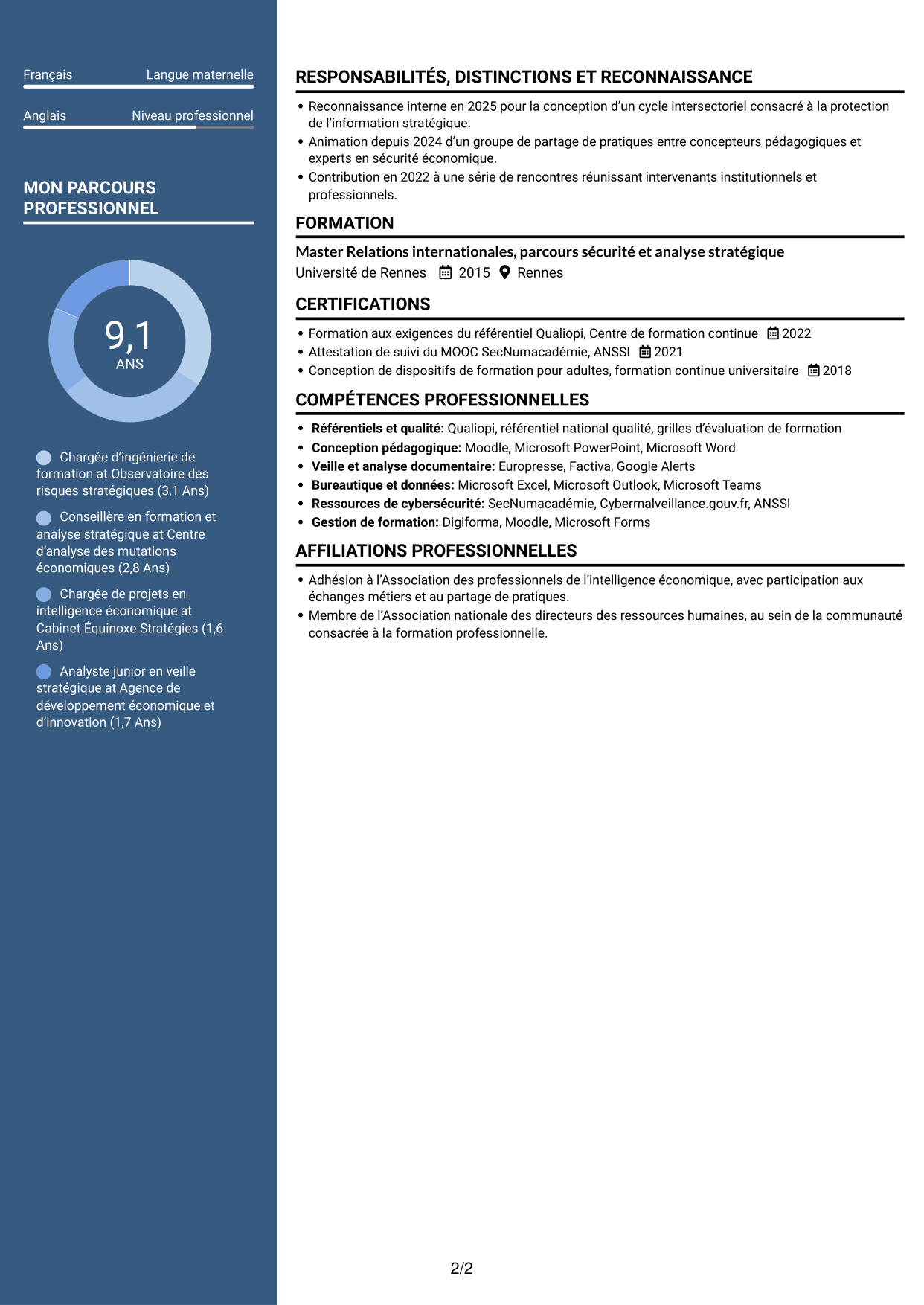CV Élégant (format à colonne latérale colorée avec photo) : Chargée d’ingénierie de formation - Sécurité économique, page 2