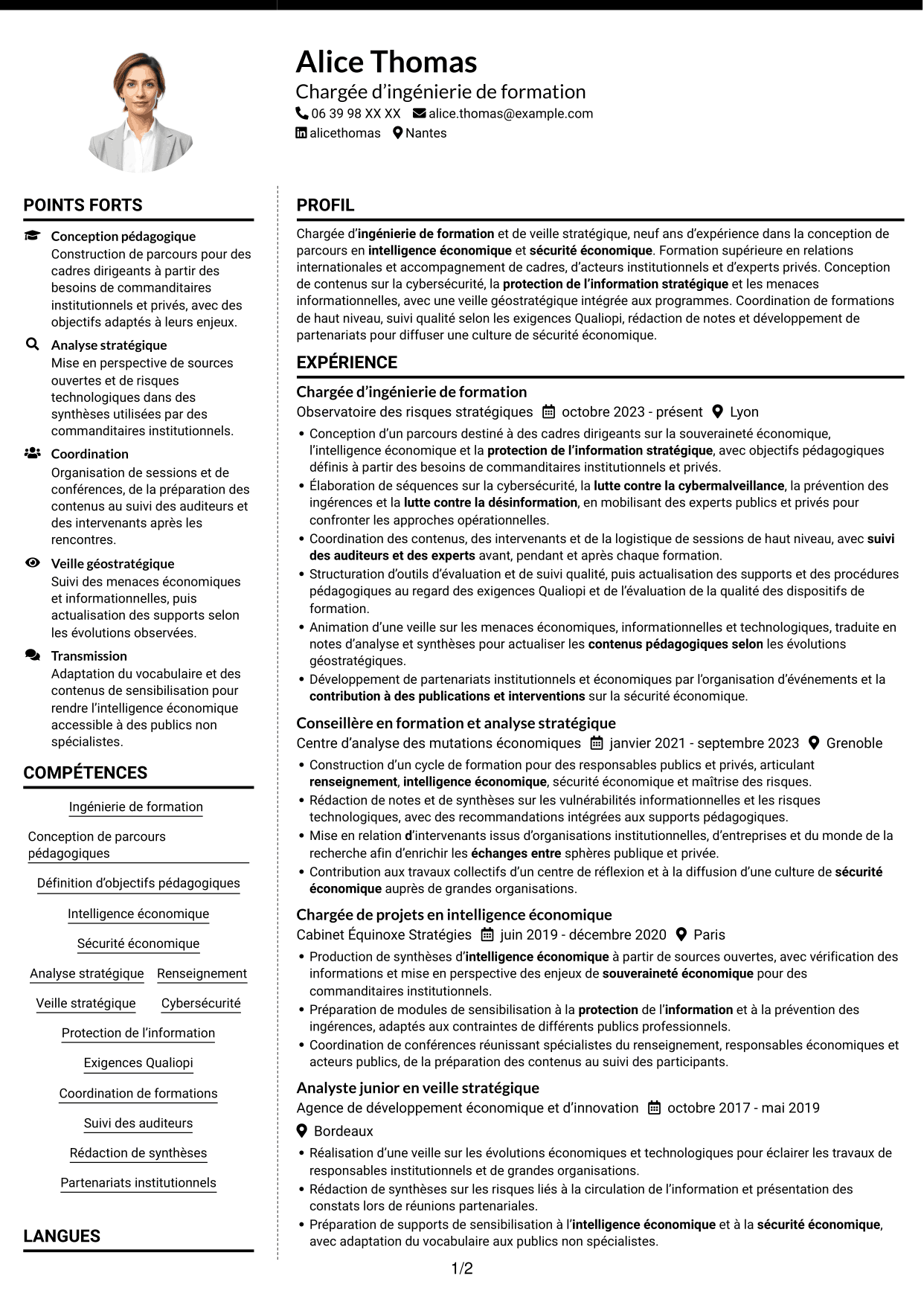 CV Moderne (format à deux colonnes avec photo à gauche et séparateur) : Chargée d’ingénierie de formation - Sécurité économique, page 1
