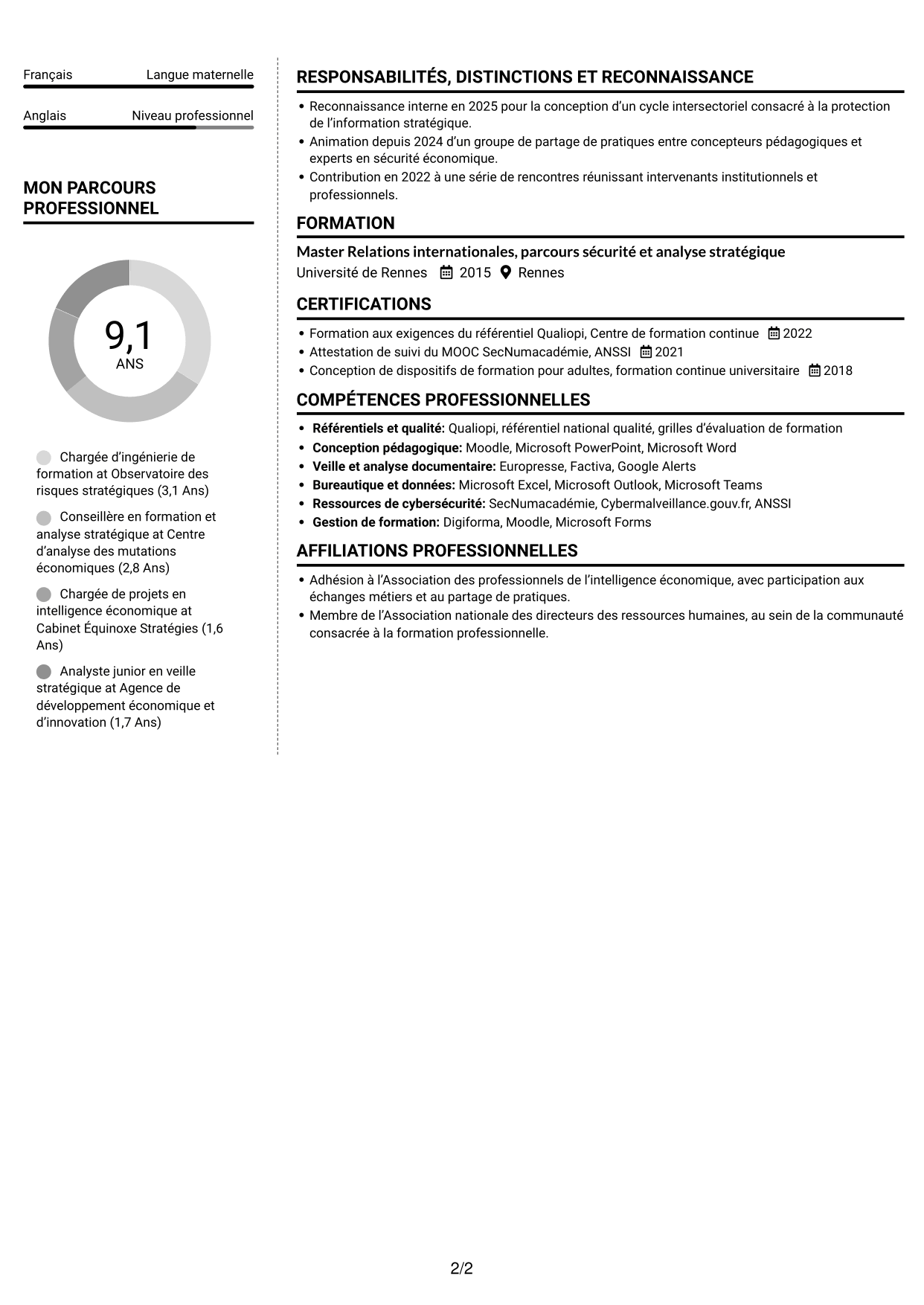CV Moderne (format à deux colonnes avec photo à gauche et séparateur) : Chargée d’ingénierie de formation - Sécurité économique, page 2