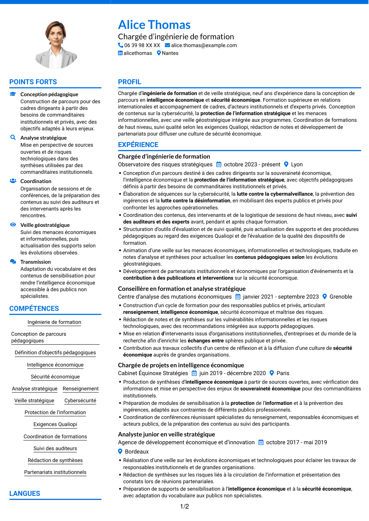 CV Audacieux (format à deux colonnes avec accents colorés et photo) : Chargée d’ingénierie de formation - Sécurité économique, page 1