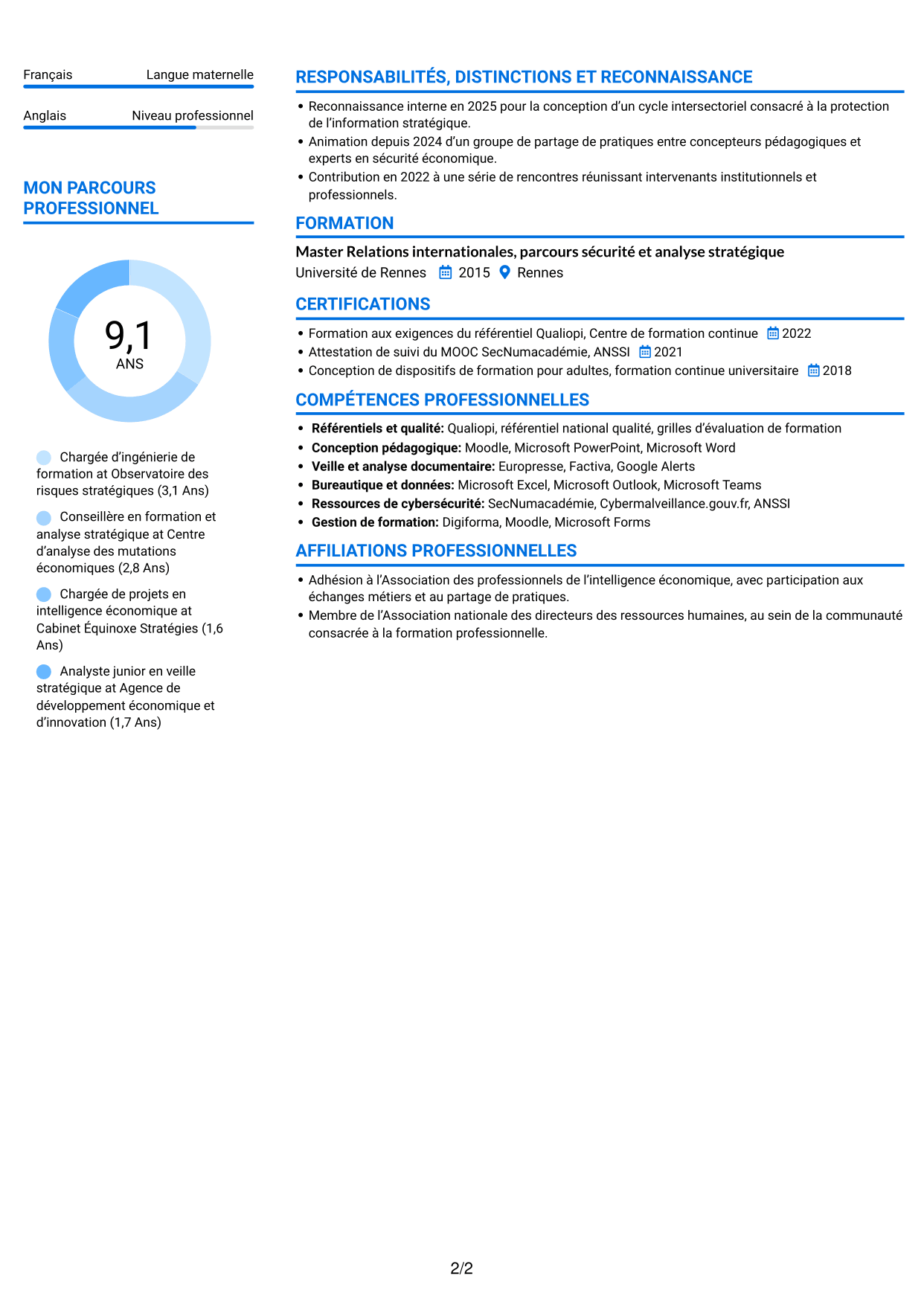 CV Audacieux (format à deux colonnes avec accents colorés et photo) : Chargée d’ingénierie de formation - Sécurité économique, page 2