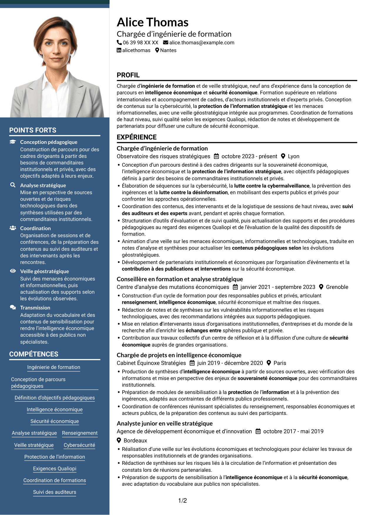 CV Signature (format à colonne latérale colorée avec grande photo) : Chargée d’ingénierie de formation - Sécurité économique, page 1