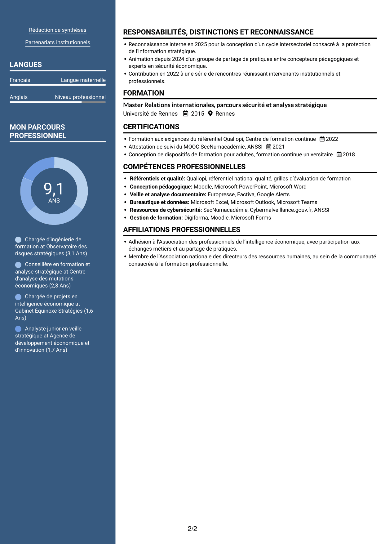 CV Signature (format à colonne latérale colorée avec grande photo) : Chargée d’ingénierie de formation - Sécurité économique, page 2