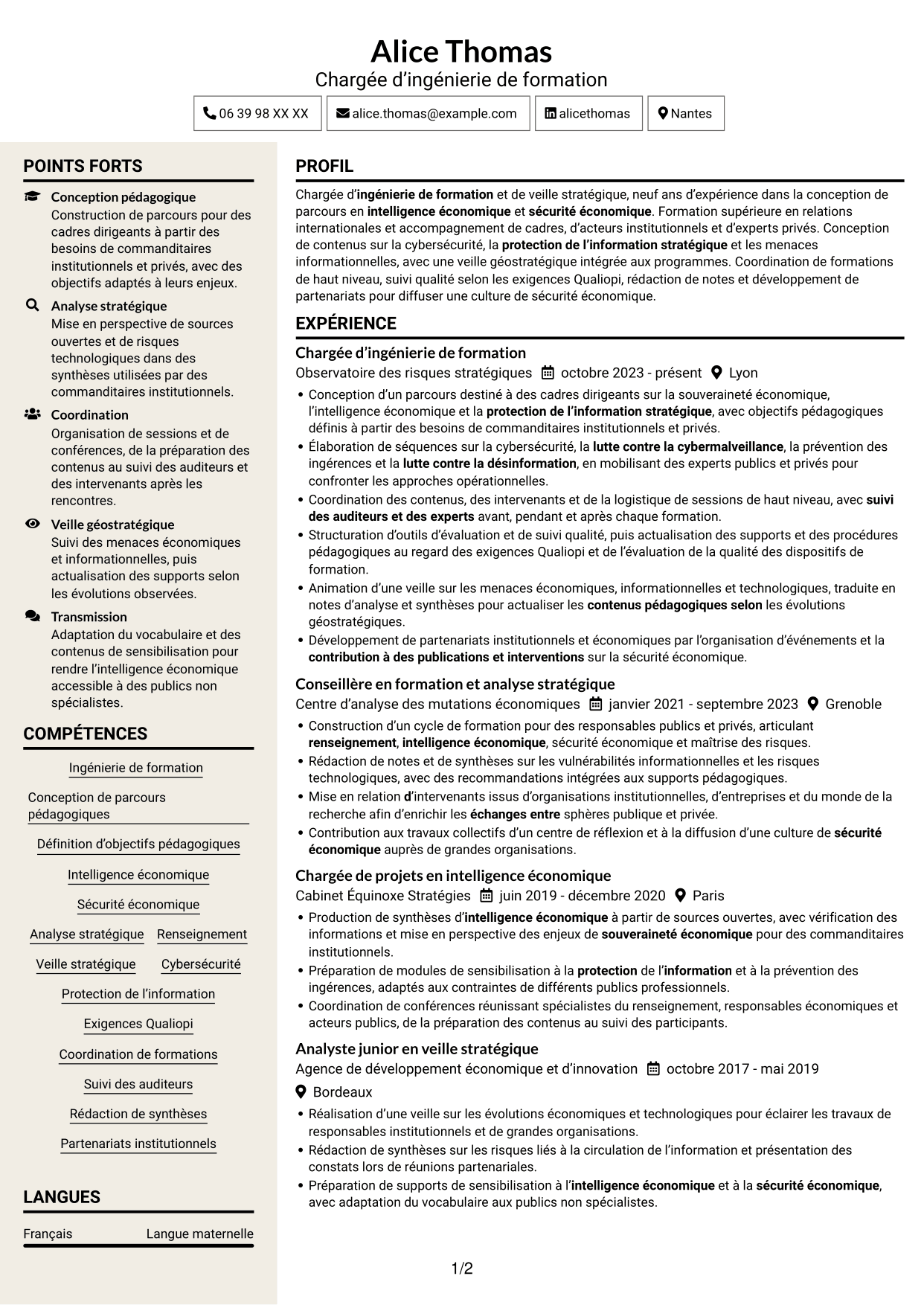 CV Fonceur (format à deux colonnes avec en-tête centré sans photo) : Chargée d’ingénierie de formation - Sécurité économique, page 1