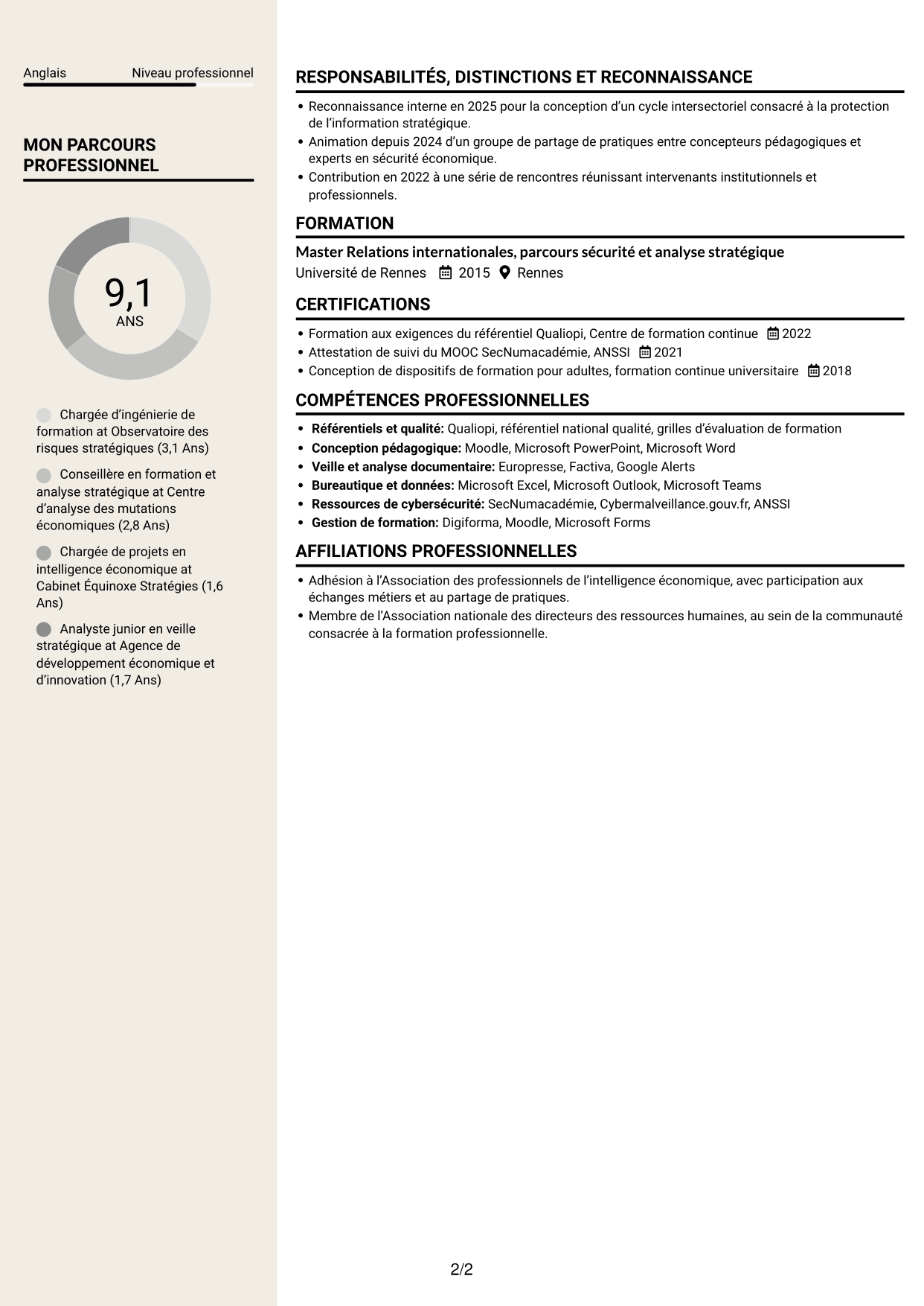 CV Fonceur (format à deux colonnes avec en-tête centré sans photo) : Chargée d’ingénierie de formation - Sécurité économique, page 2