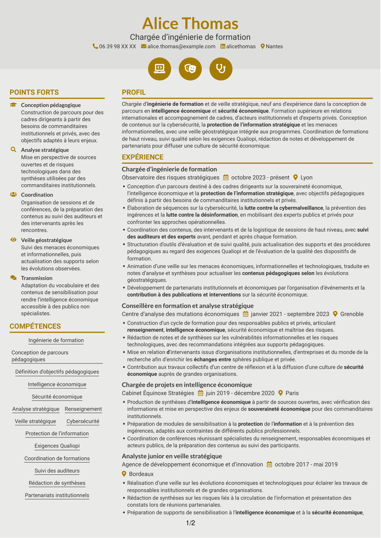 CV Dynamique (format à deux colonnes avec icônes) : Chargée d’ingénierie de formation - Sécurité économique, page 1