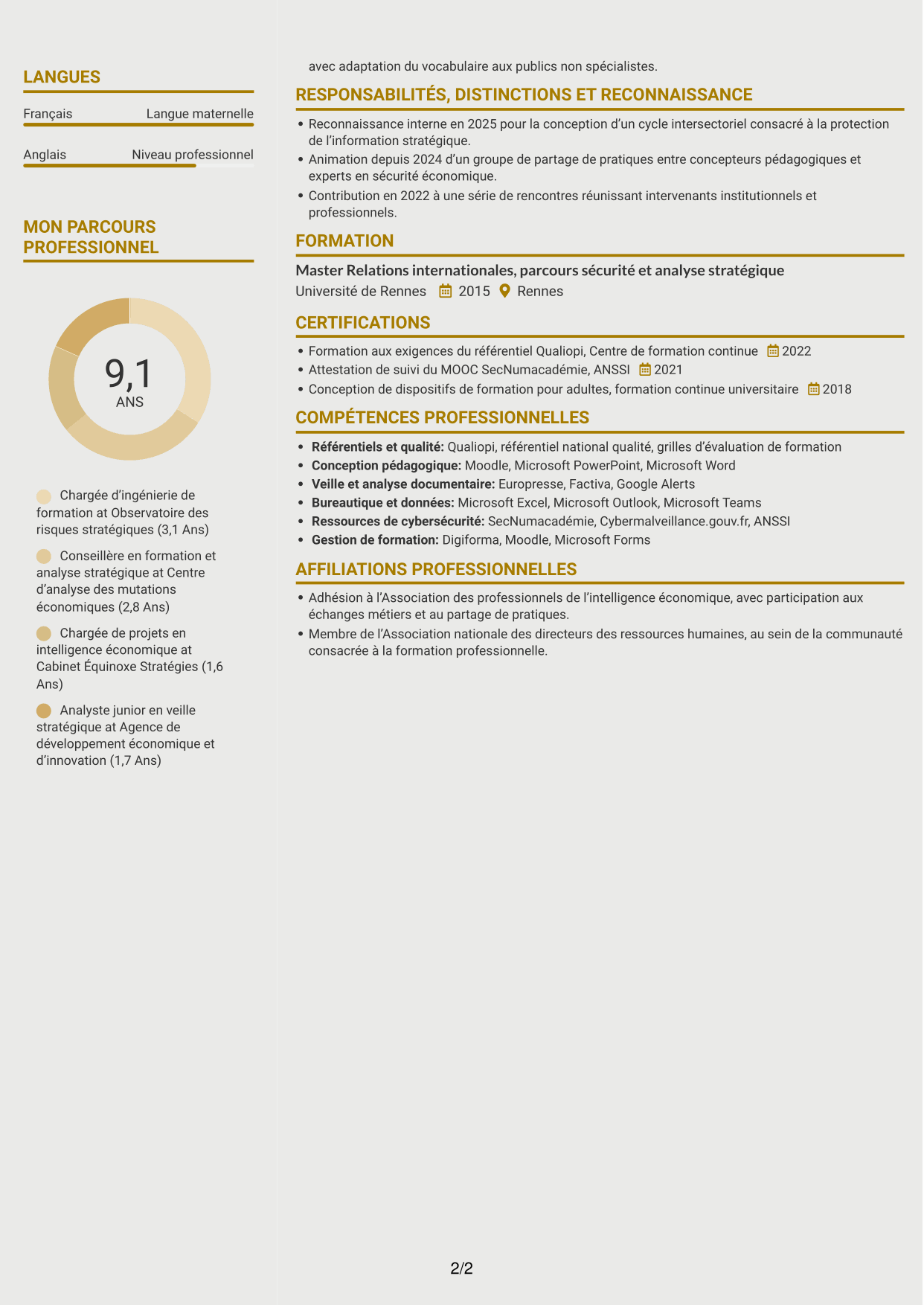 CV Dynamique (format à deux colonnes avec icônes) : Chargée d’ingénierie de formation - Sécurité économique, page 2