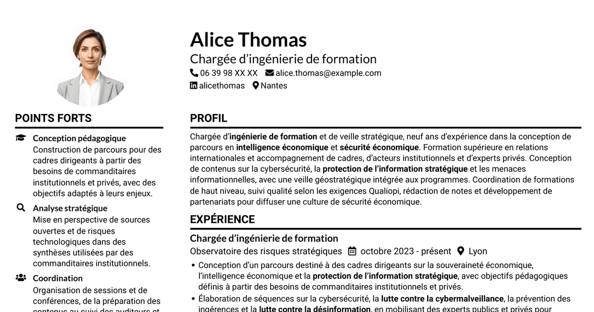 7 modèles de CV pour Chargée d’ingénierie de formation - Sécurité économique, avec exemples