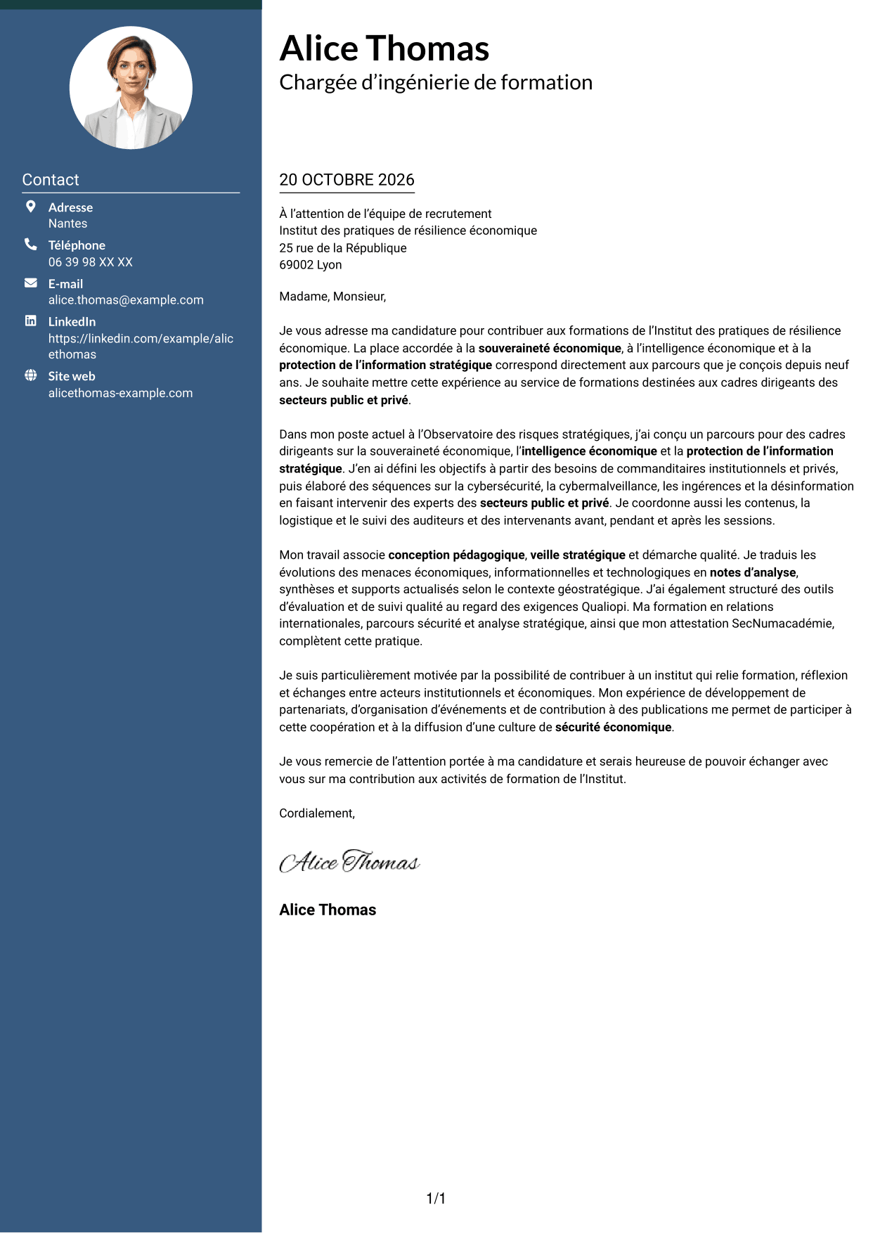 Lettre de motivation Élégant (format à colonne latérale colorée avec photo) : Chargée d’ingénierie de formation - Sécurité économique, page 1