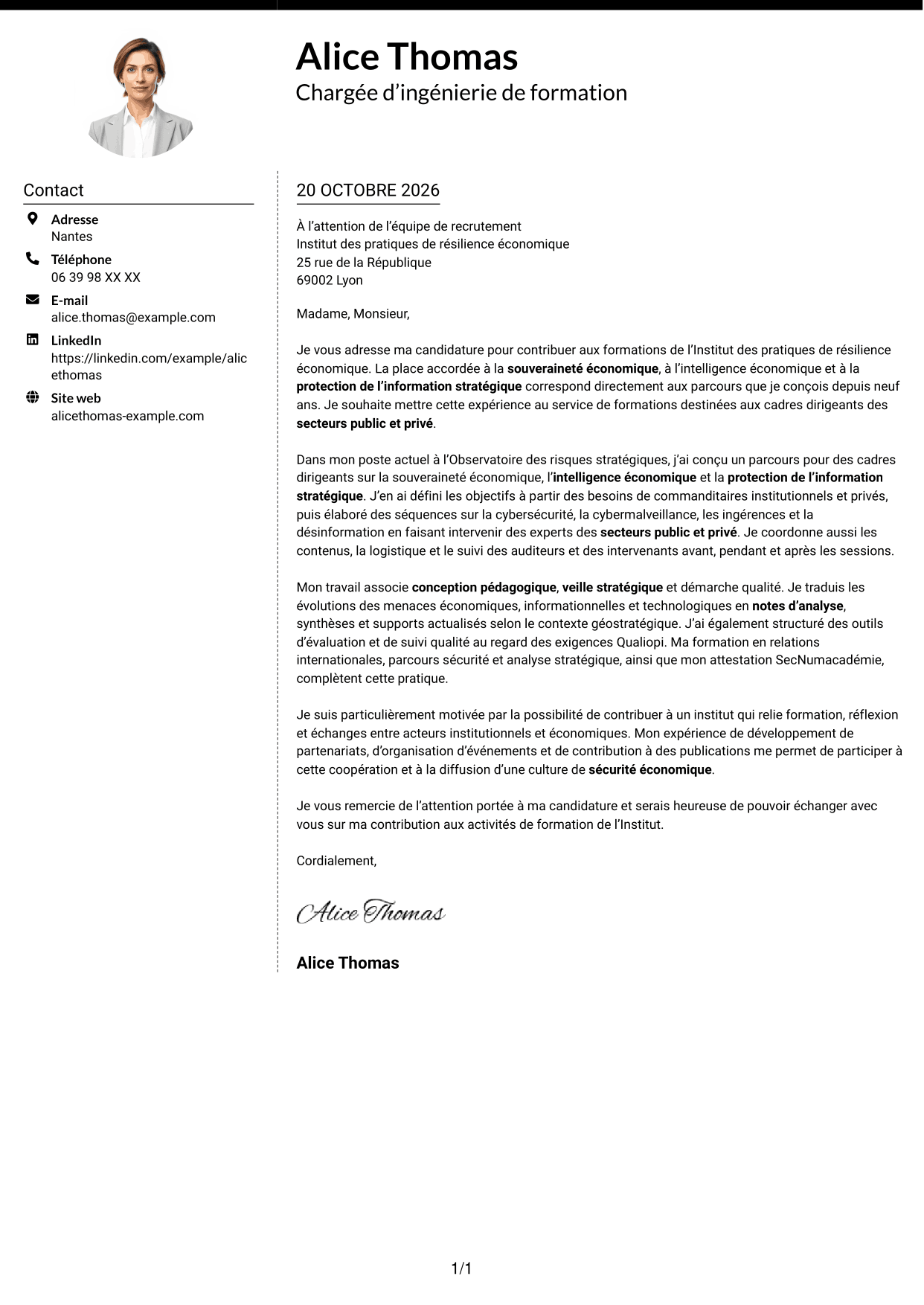 Lettre de motivation Moderne (format à deux colonnes avec photo à gauche et séparateur) : Chargée d’ingénierie de formation - Sécurité économique, page 1
