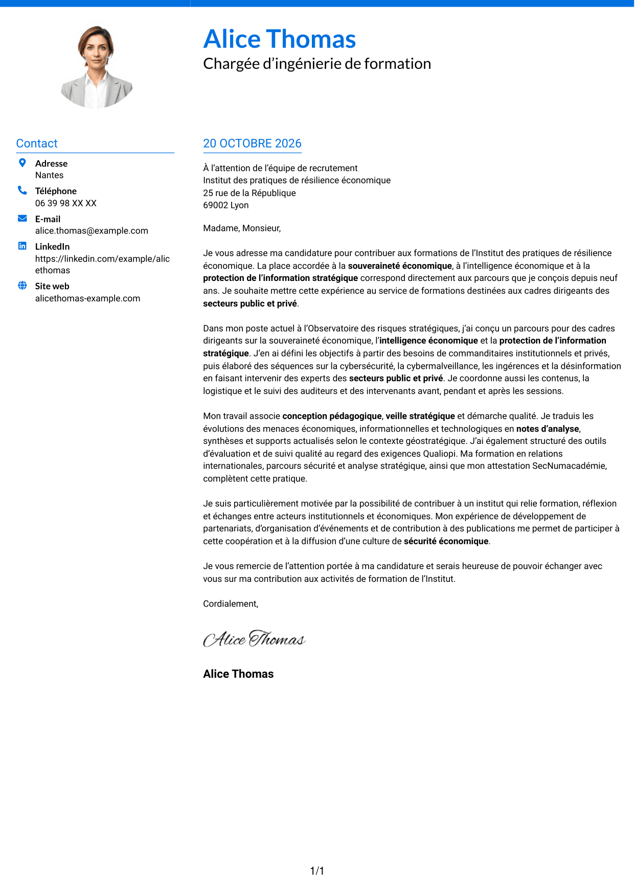 Lettre de motivation Audacieux (format à deux colonnes avec accents colorés et photo) : Chargée d’ingénierie de formation - Sécurité économique, page 1