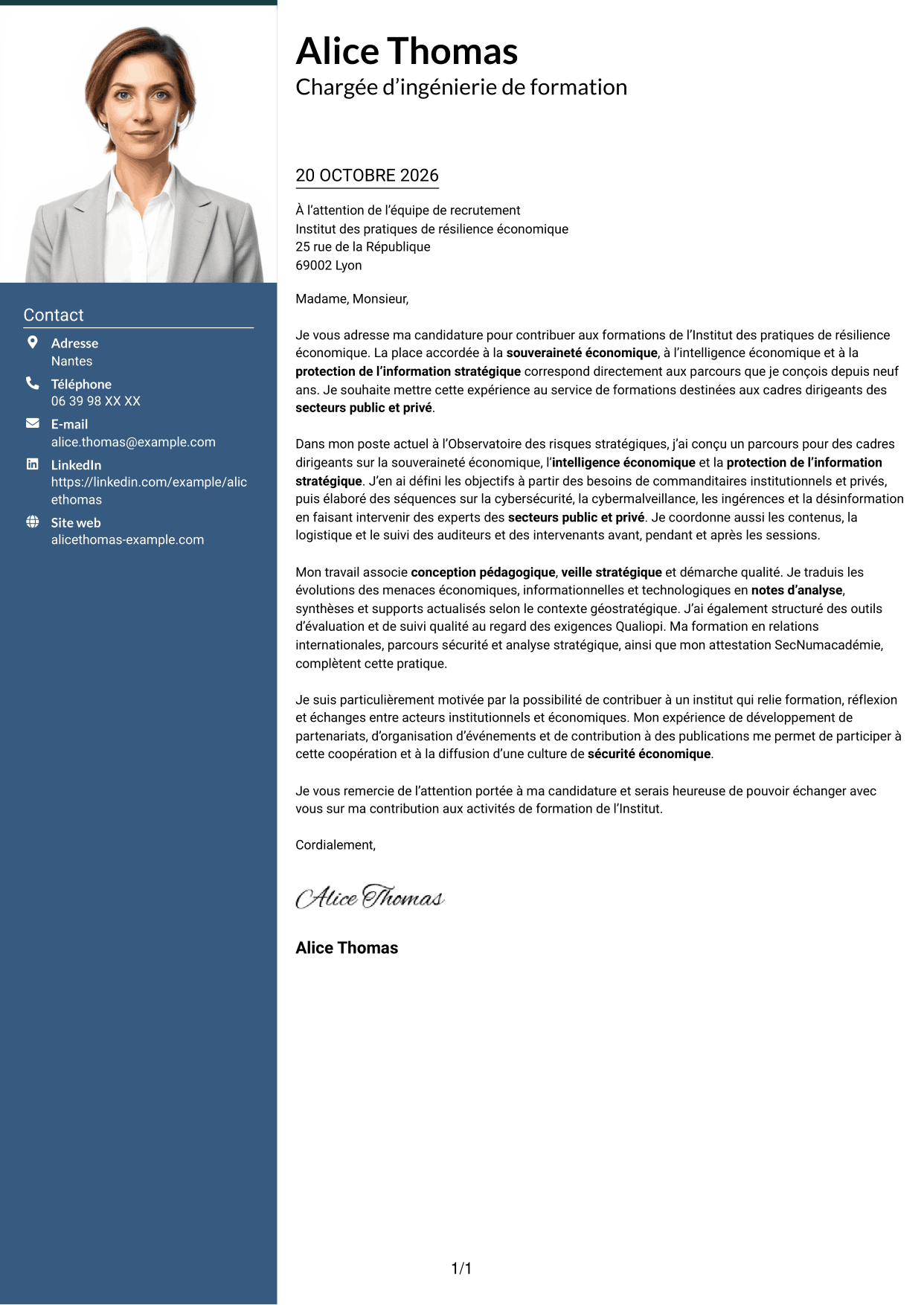 Lettre de motivation Signature (format à colonne latérale colorée avec grande photo) : Chargée d’ingénierie de formation - Sécurité économique, page 1