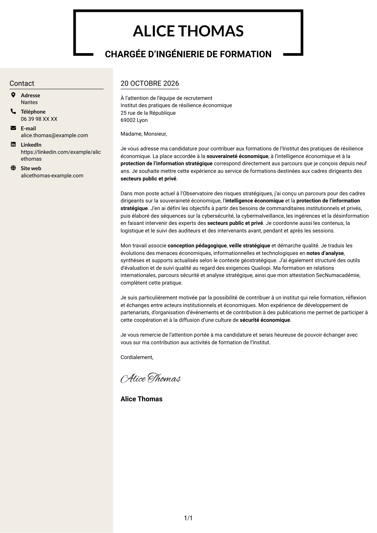 Lettre de motivation Fonceur (format à deux colonnes avec en-tête centré sans photo) : Chargée d’ingénierie de formation - Sécurité économique, page 1