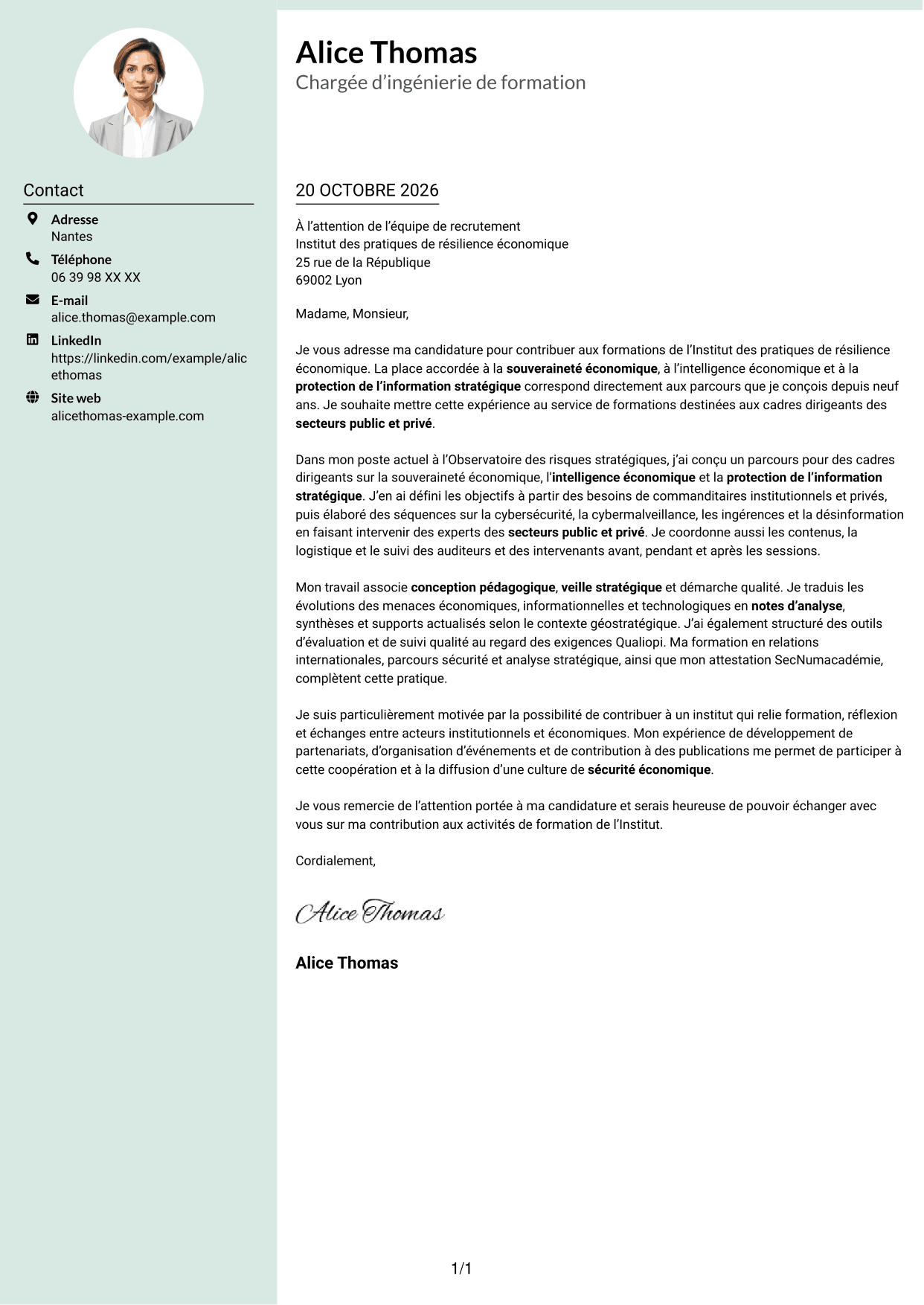 Lettre de motivation Cadre (format à colonne latérale douce avec photo arrondie) : Chargée d’ingénierie de formation - Sécurité économique, page 1