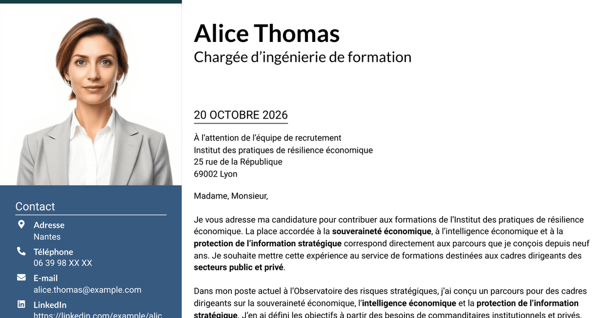 7 modèles de lettre de motivation pour Chargée d’ingénierie de formation - Sécurité économique, avec exemples