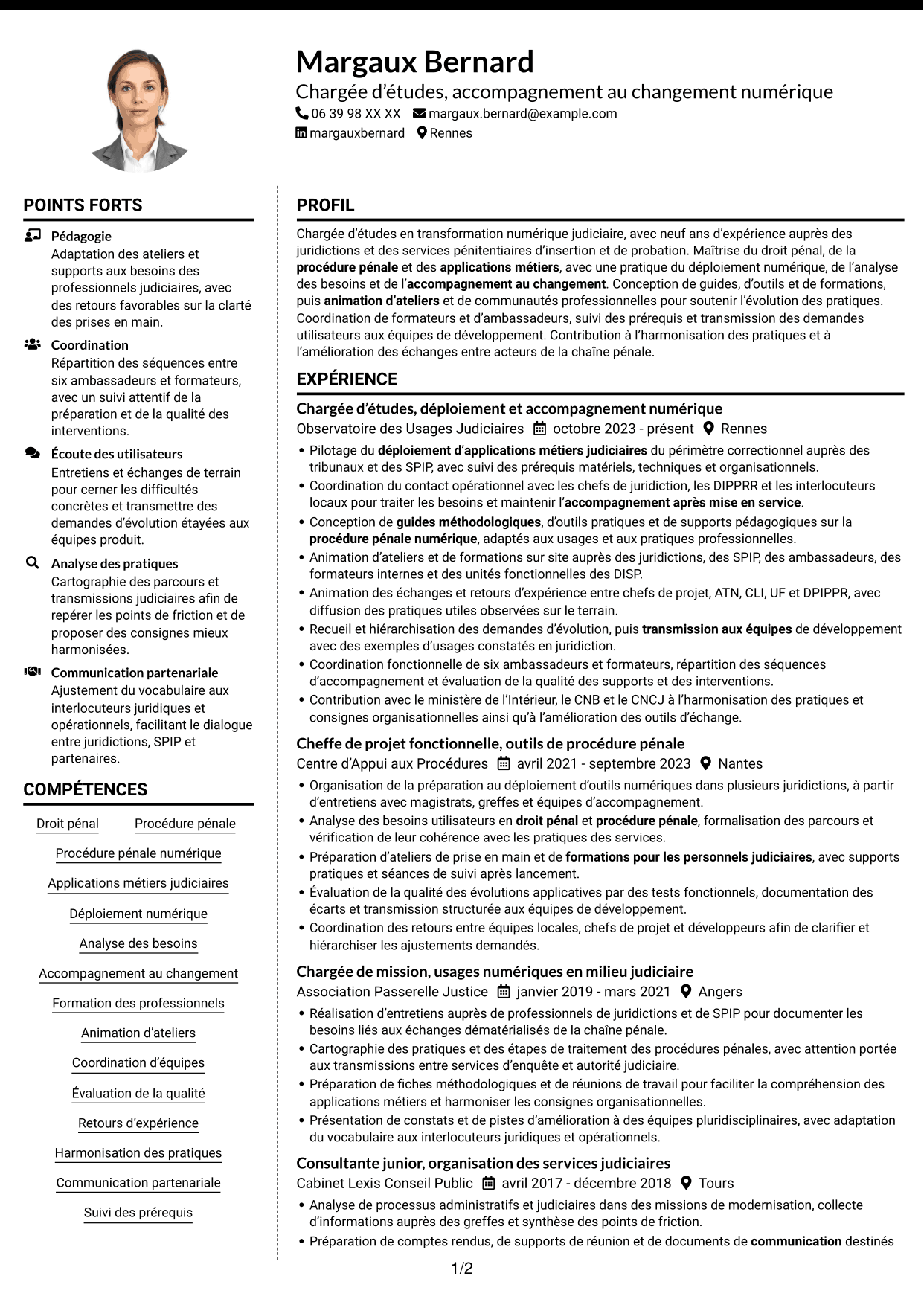 CV Moderne (format à deux colonnes avec photo à gauche et séparateur) : Chargée d’études - Accompagnement au changement numérique, page 1
