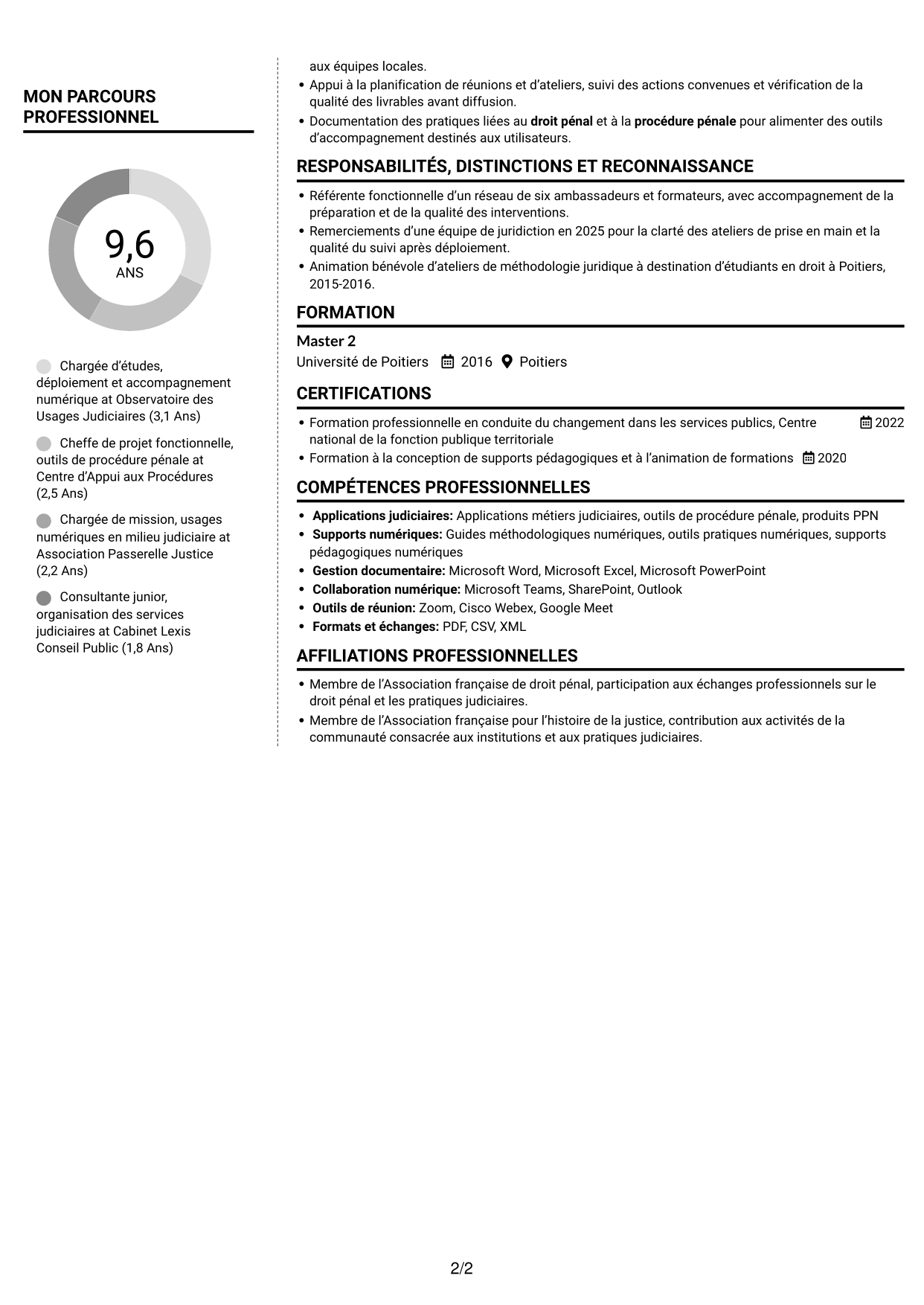 CV Moderne (format à deux colonnes avec photo à gauche et séparateur) : Chargée d’études - Accompagnement au changement numérique, page 2