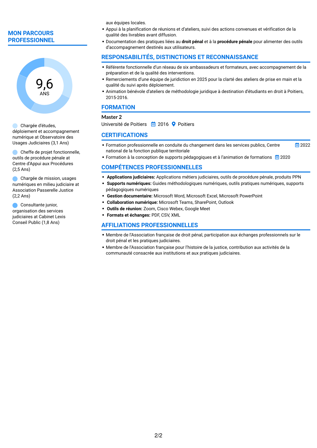 CV Audacieux (format à deux colonnes avec accents colorés et photo) : Chargée d’études - Accompagnement au changement numérique, page 2
