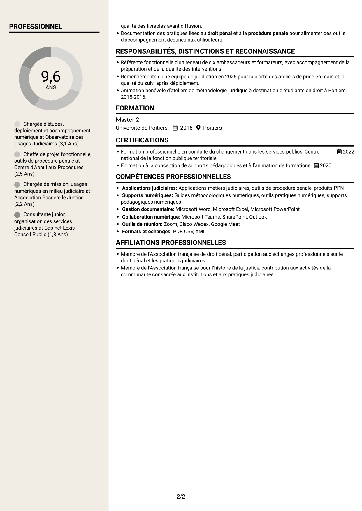 CV Fonceur (format à deux colonnes avec en-tête centré sans photo) : Chargée d’études - Accompagnement au changement numérique, page 2