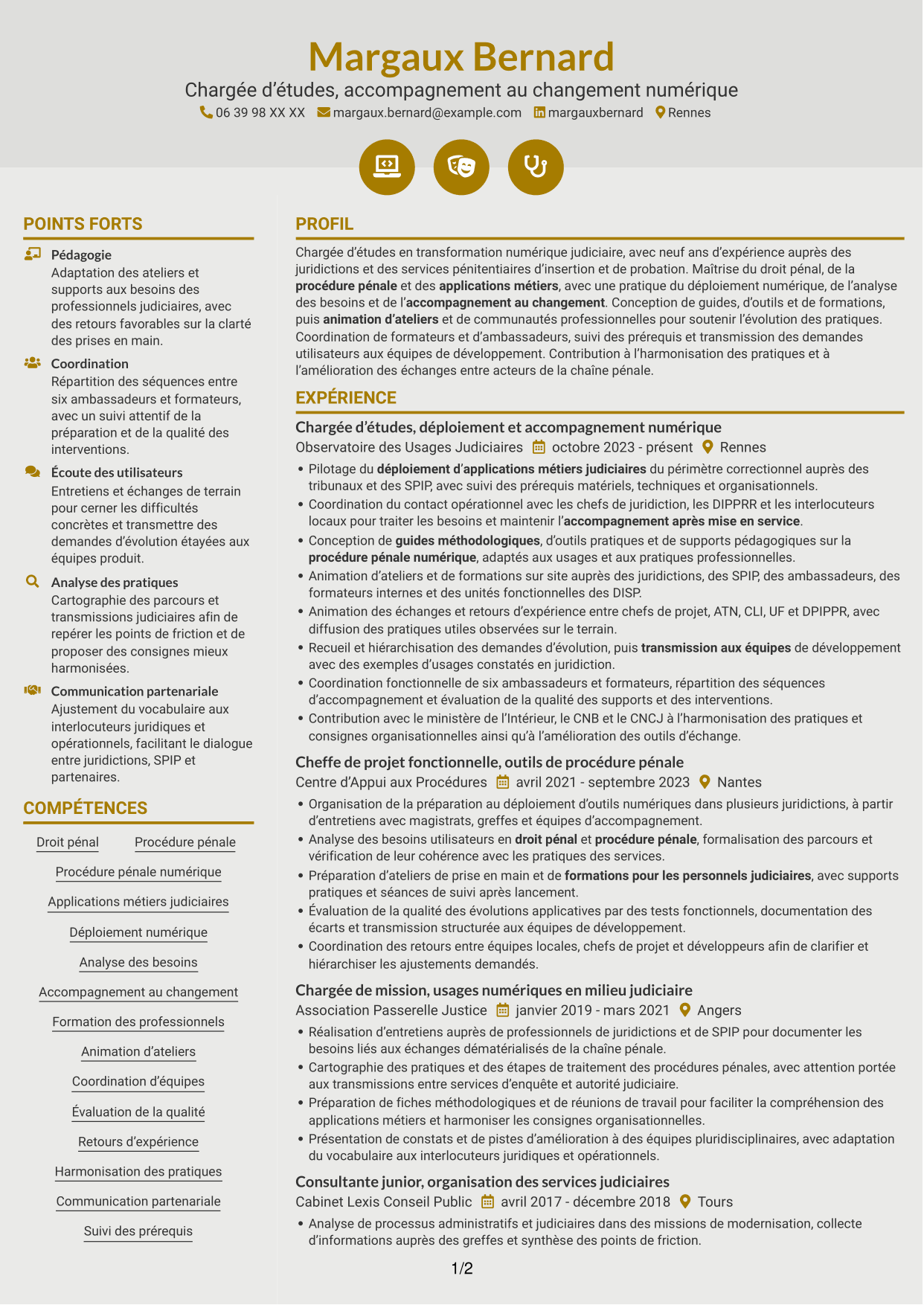 CV Dynamique (format à deux colonnes avec icônes) : Chargée d’études - Accompagnement au changement numérique, page 1