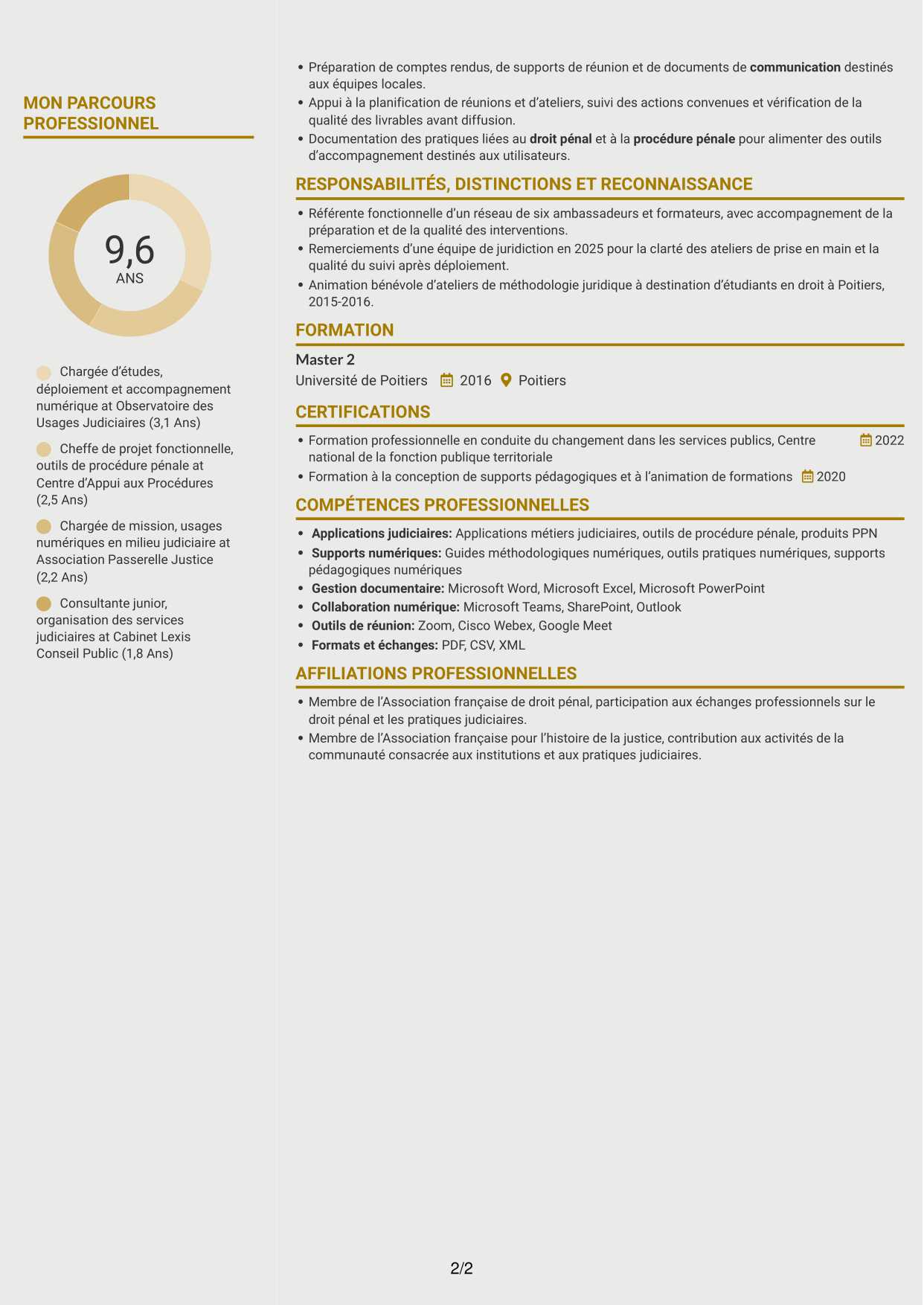 CV Dynamique (format à deux colonnes avec icônes) : Chargée d’études - Accompagnement au changement numérique, page 2